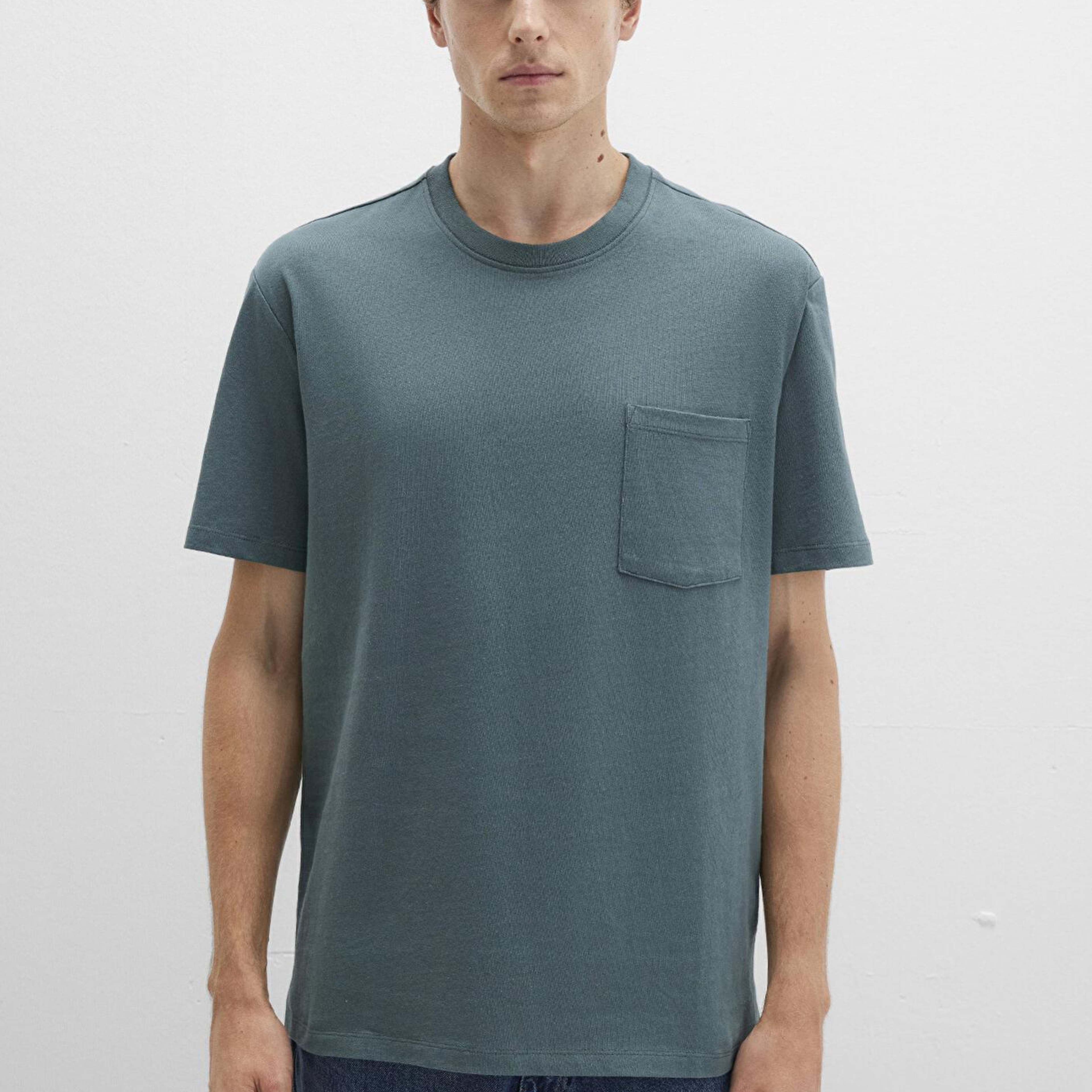 Mavi Cep Detaylı Yeşil Basic Tişört Loose Fit / Bol Rahat Kesim 066248-71577