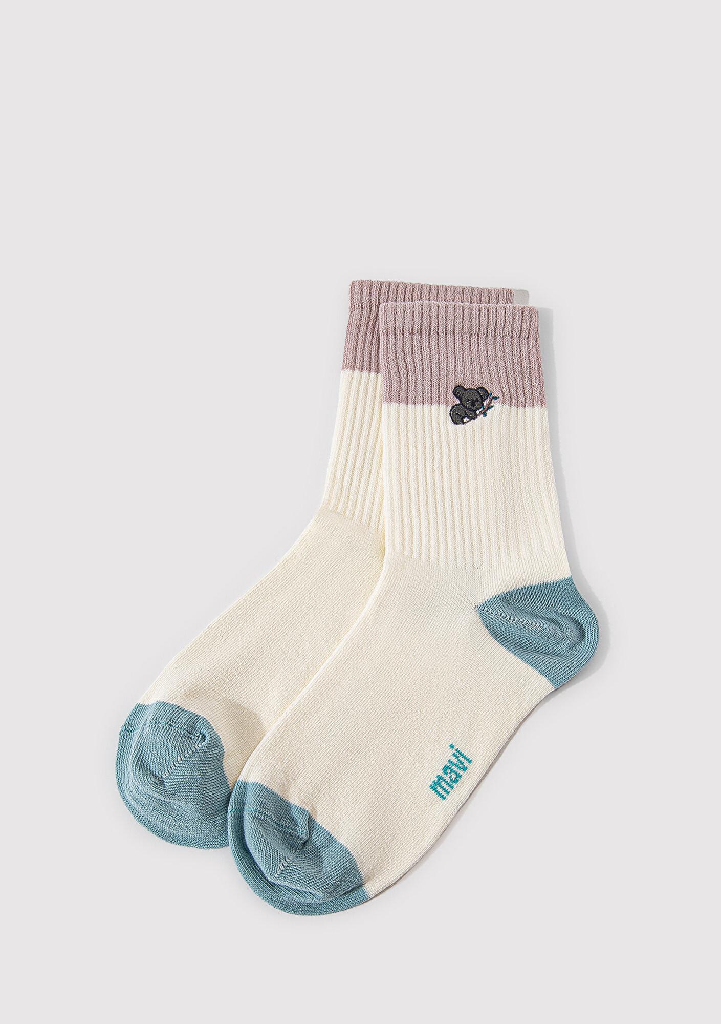 Mavi Koala Detaylı Ekru Soket Çorap 1912831-81964