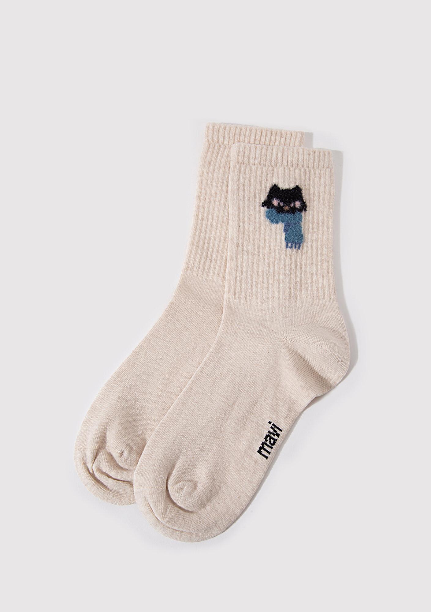 Mavi Kedi Baskılı Bej Soket Çorap 1912757-85929