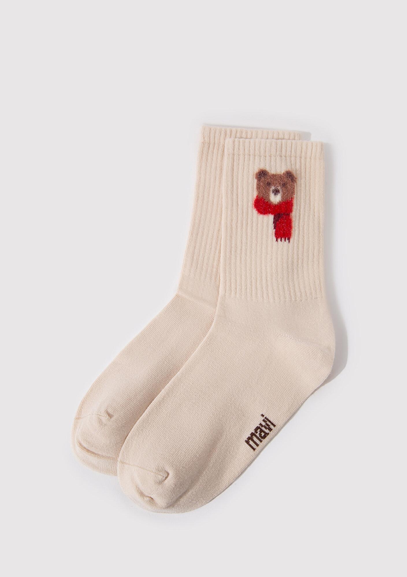 Mavi Ayı Baskılı Bej Soket Çorap 1912758-32324