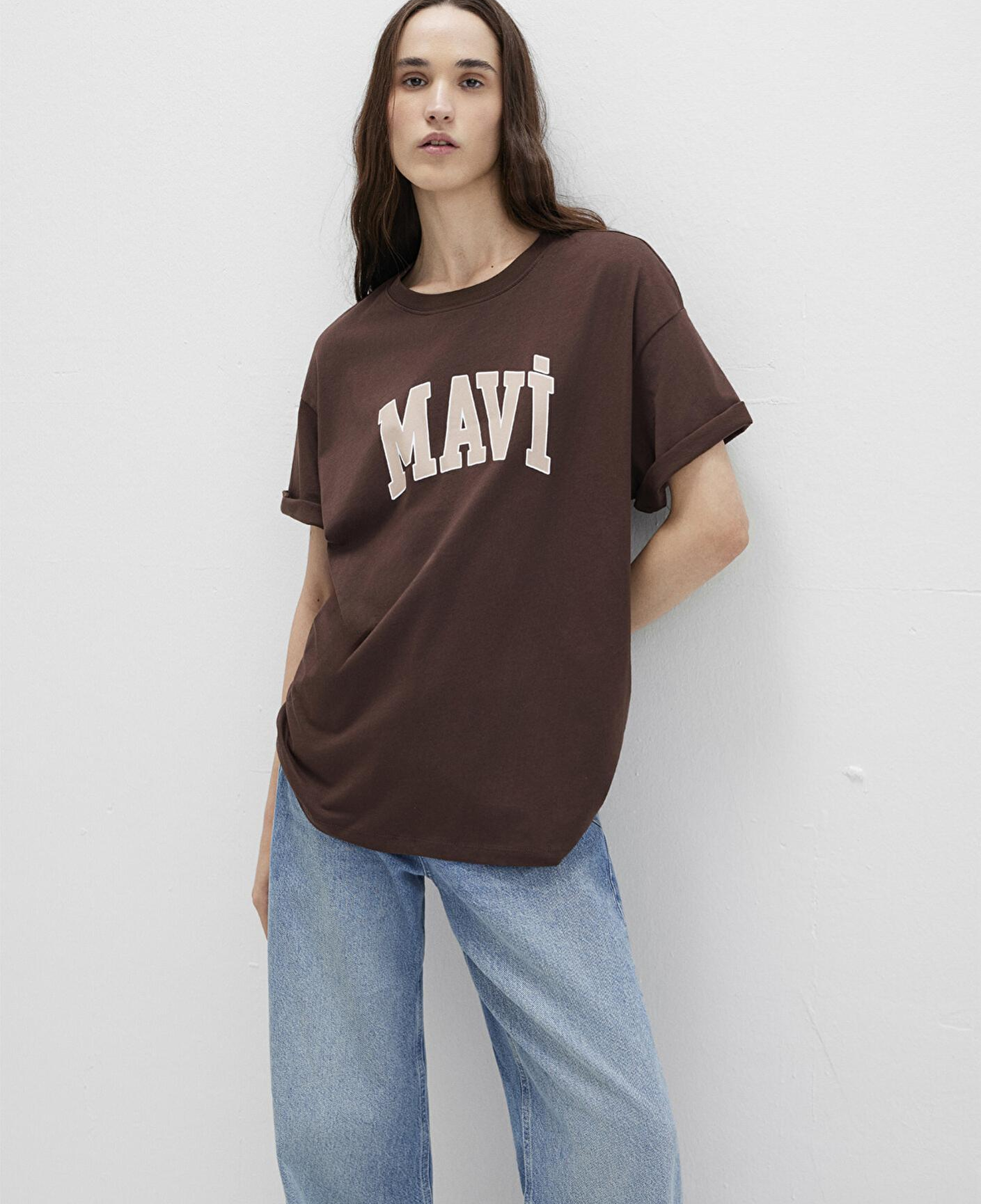 Mavi Mavi Logo Baskılı Kahverengi Tişört Oversize / Geniş Kesim 1600843-88062