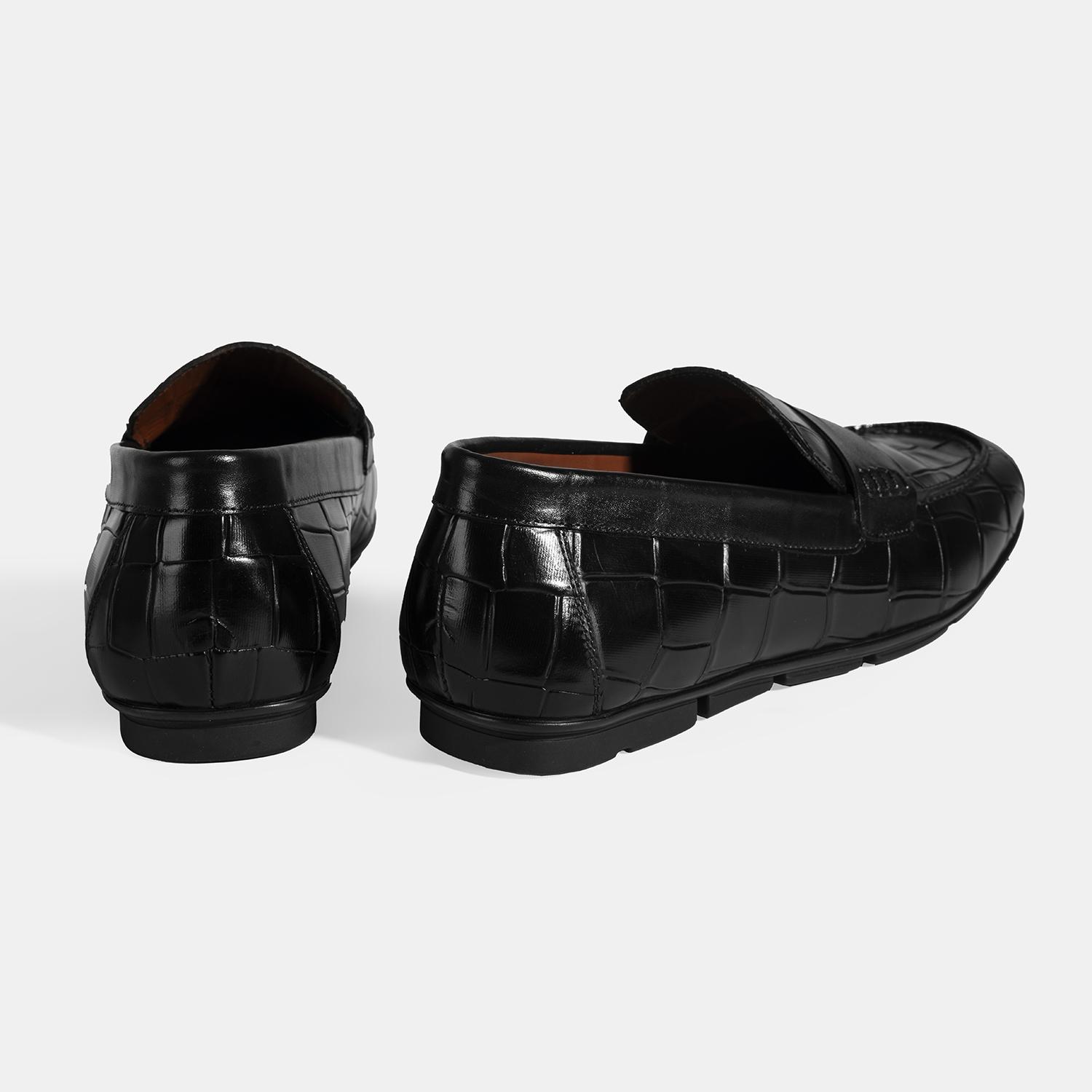 Erkek Siyah Kroko Baskılı Deri Loafer