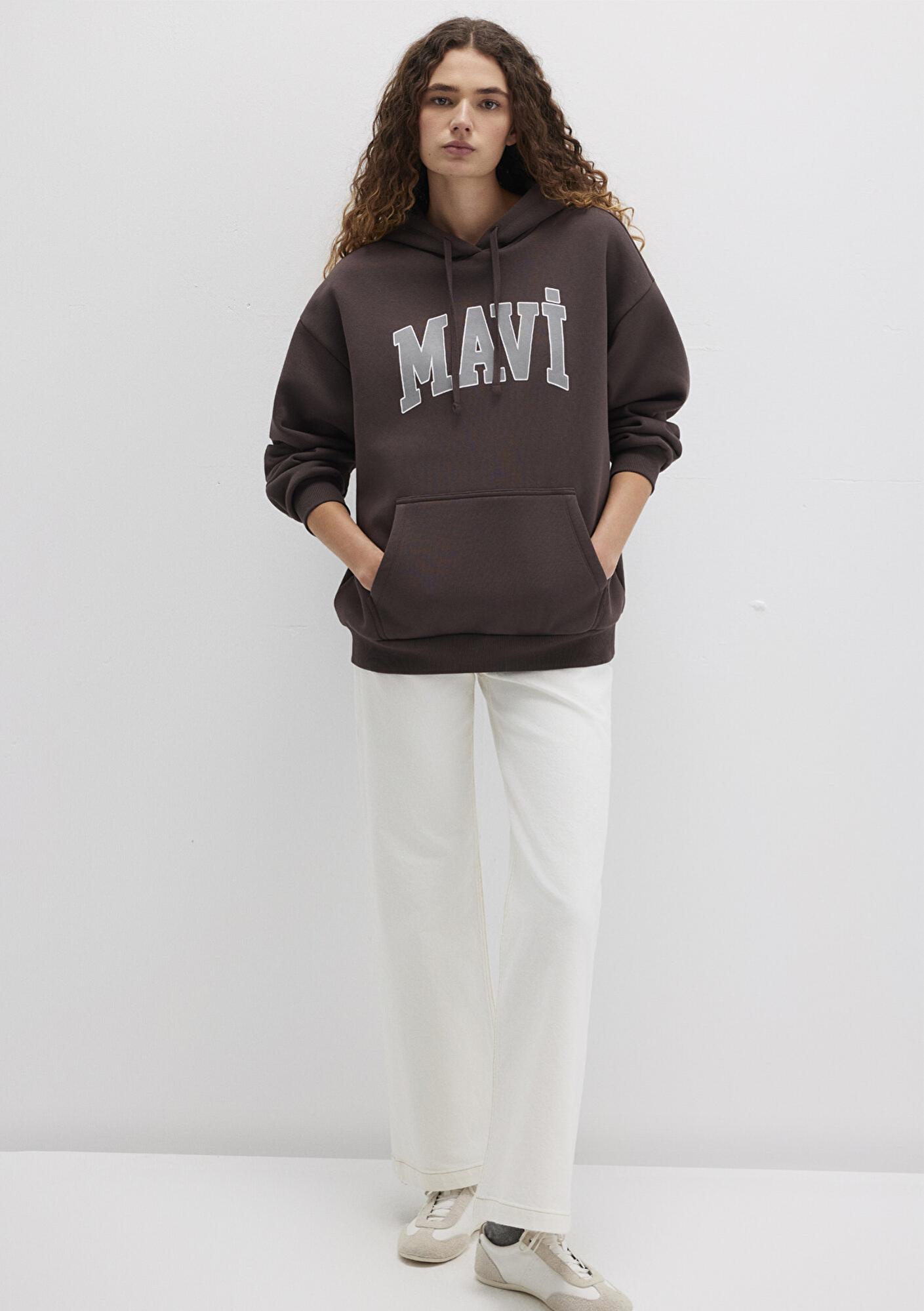 Mavi Mavi Logo Baskılı Kapüşonlu Kahverengi Sweatshirt 1600361-70222