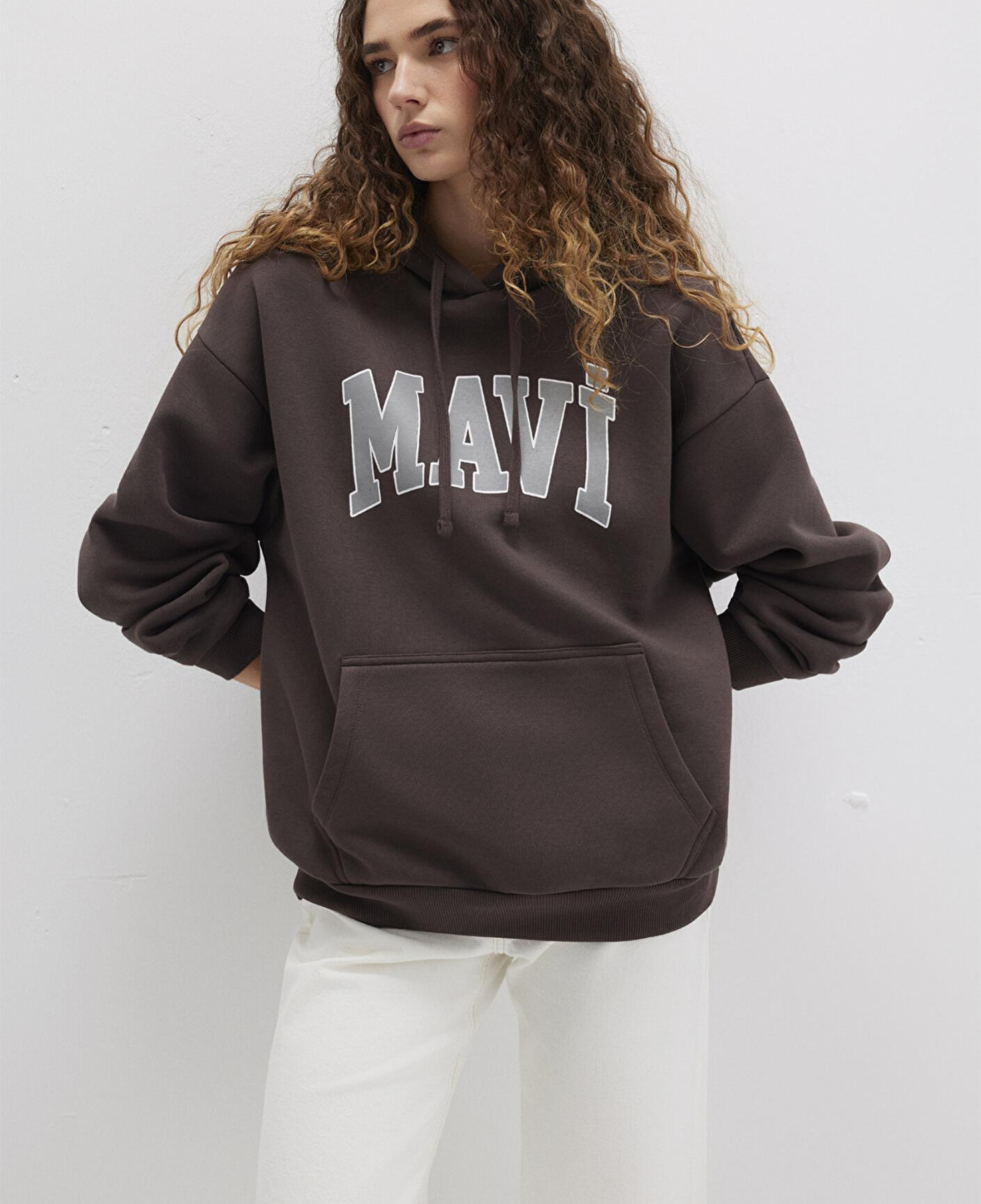 Mavi Mavi Logo Baskılı Kapüşonlu Kahverengi Sweatshirt 1600361-70222