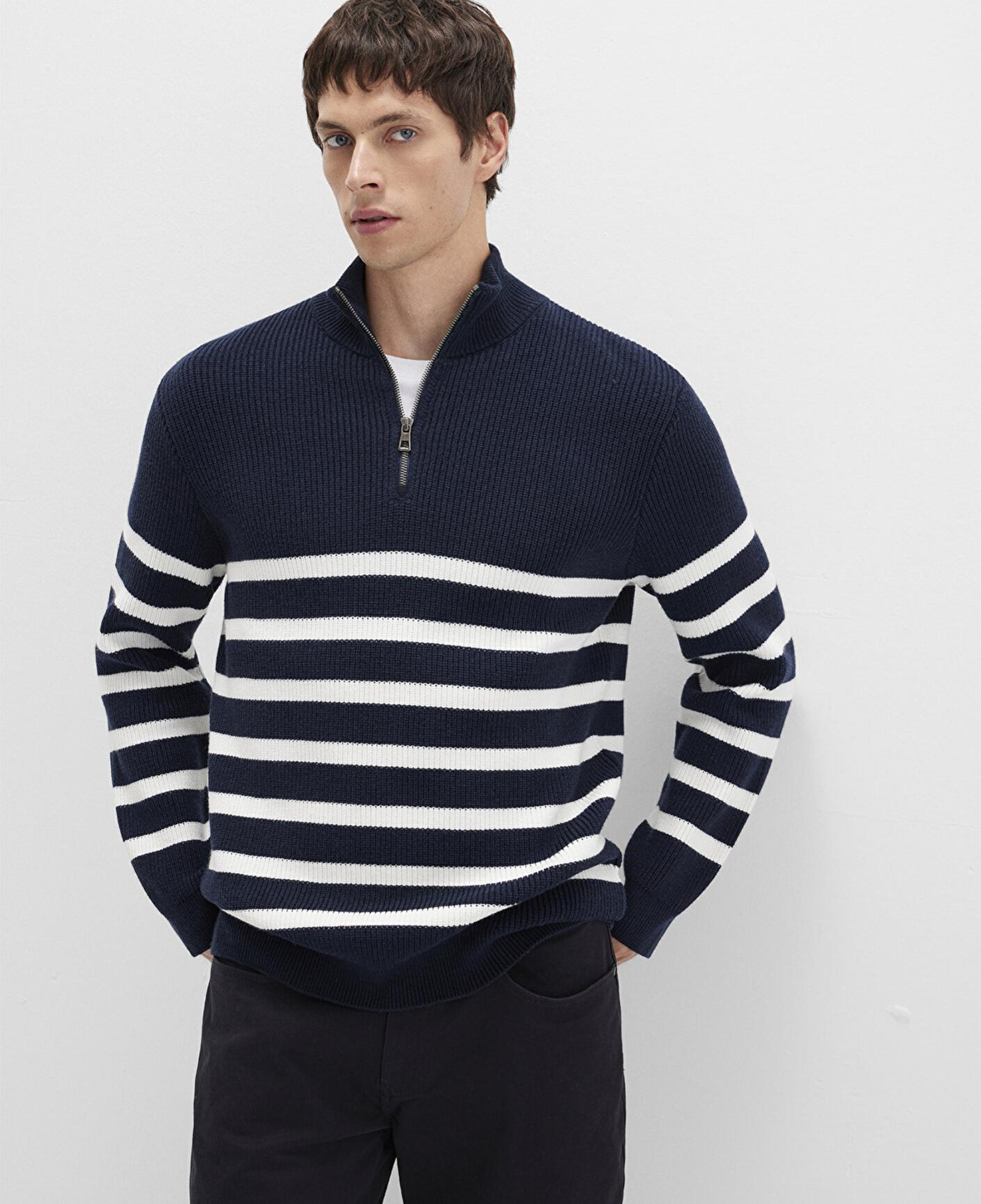 Mavi Yarı Fermuarlı Çizgili Lacivert Kazak Slim Fit / Dar Kesim 0710131-70490