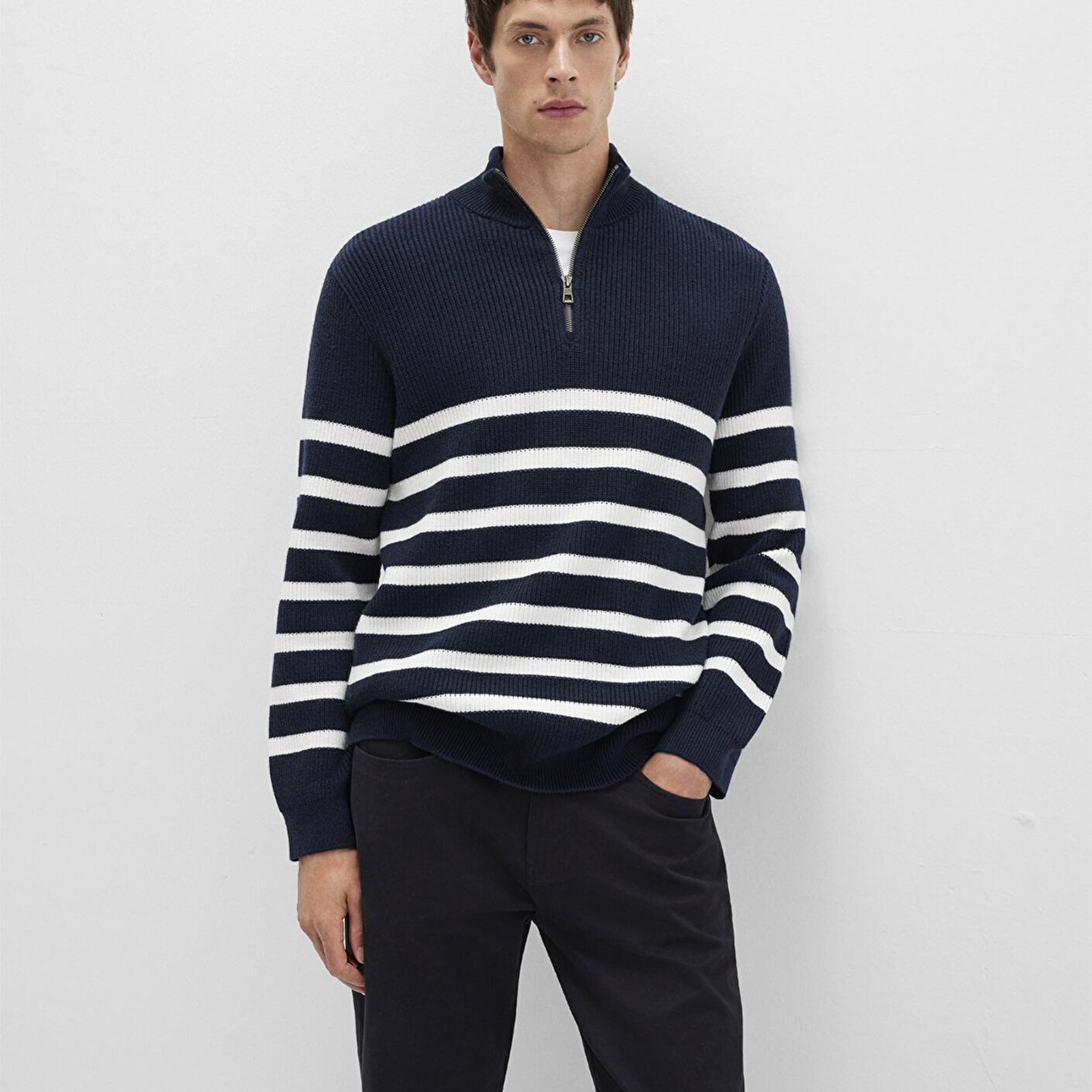 Mavi Yarı Fermuarlı Çizgili Lacivert Kazak Slim Fit / Dar Kesim 0710131-70490