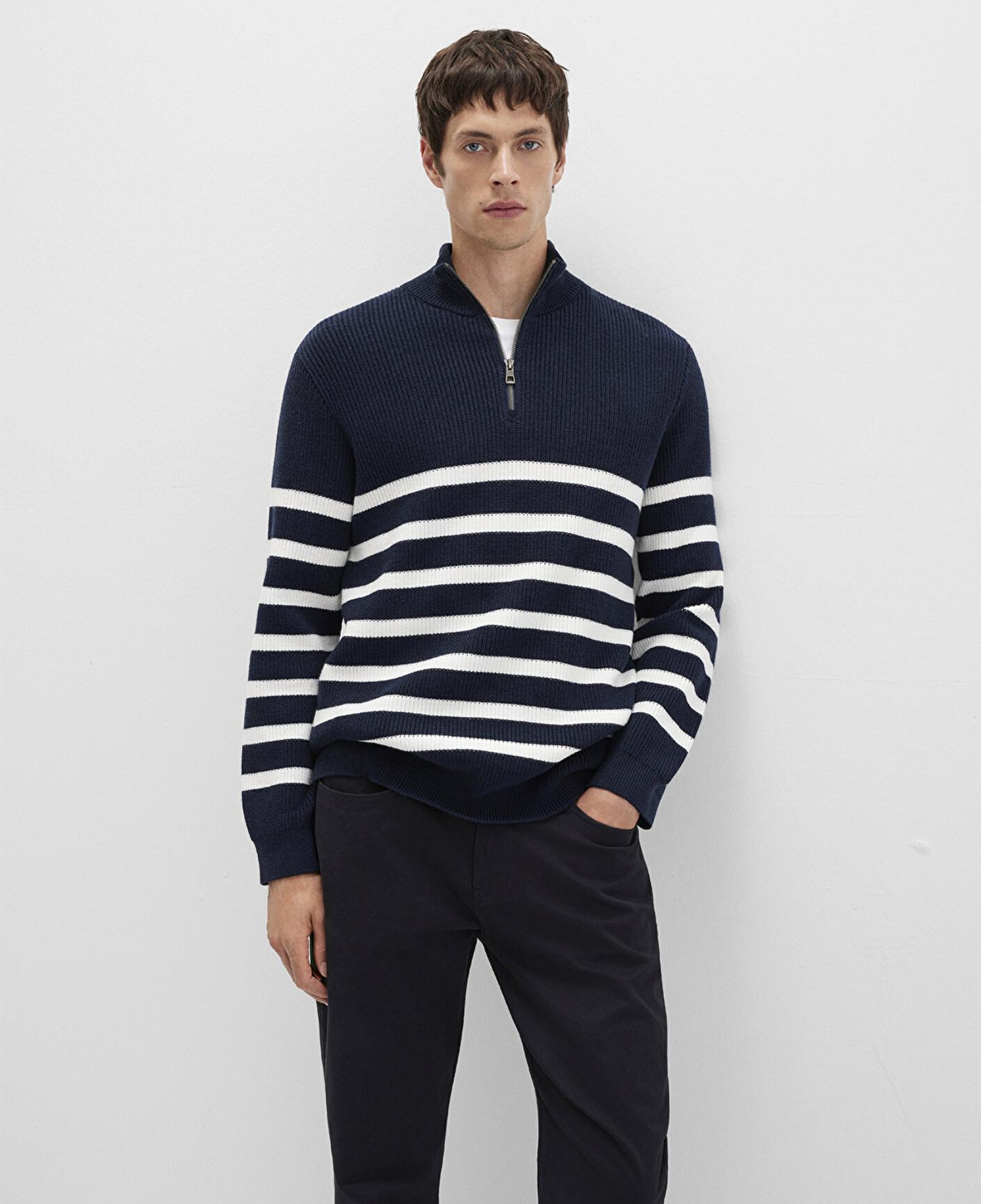 Mavi Yarı Fermuarlı Çizgili Lacivert Kazak Slim Fit / Dar Kesim 0710131-70490
