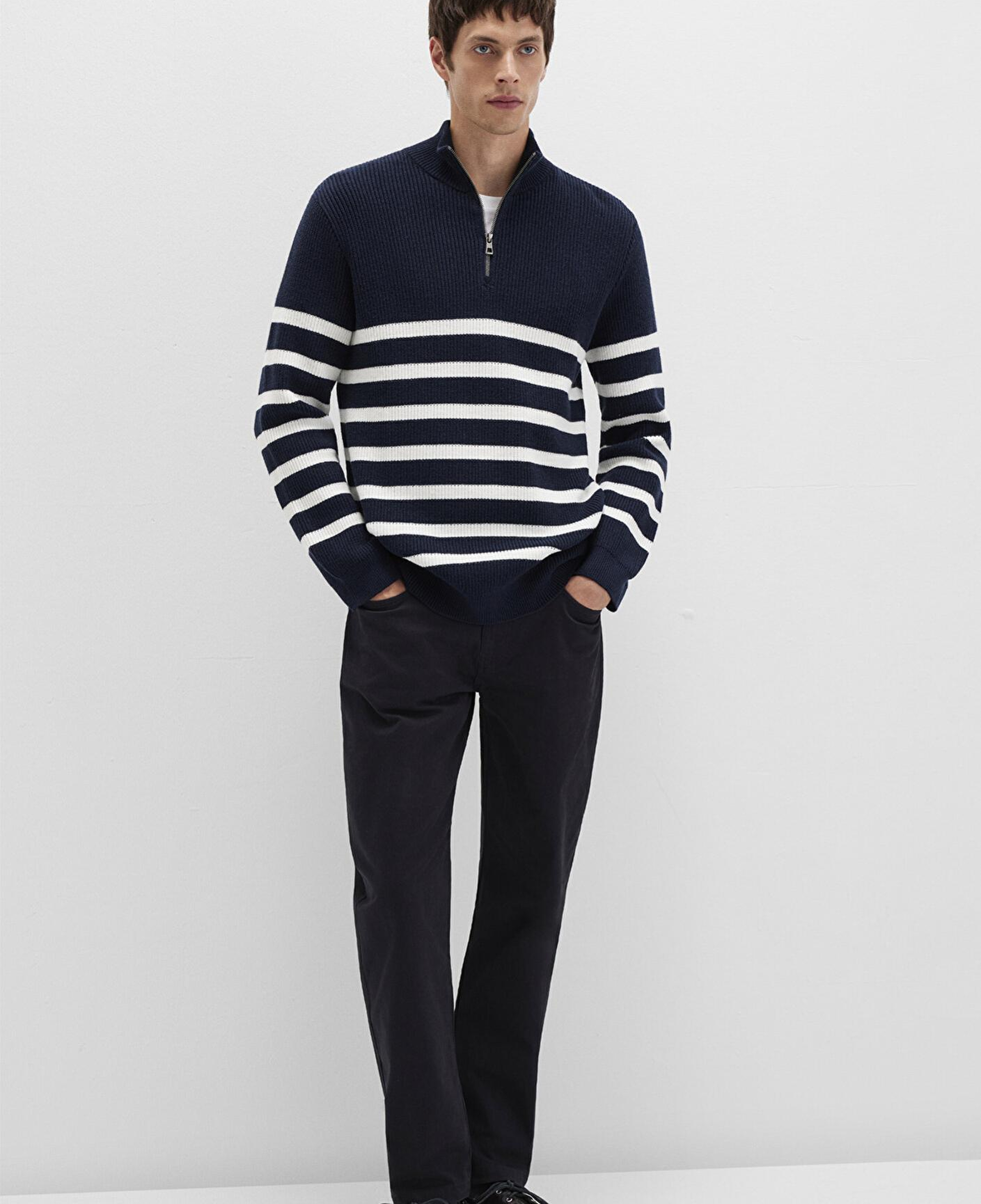 Mavi Yarı Fermuarlı Çizgili Lacivert Kazak Slim Fit / Dar Kesim 0710131-70490