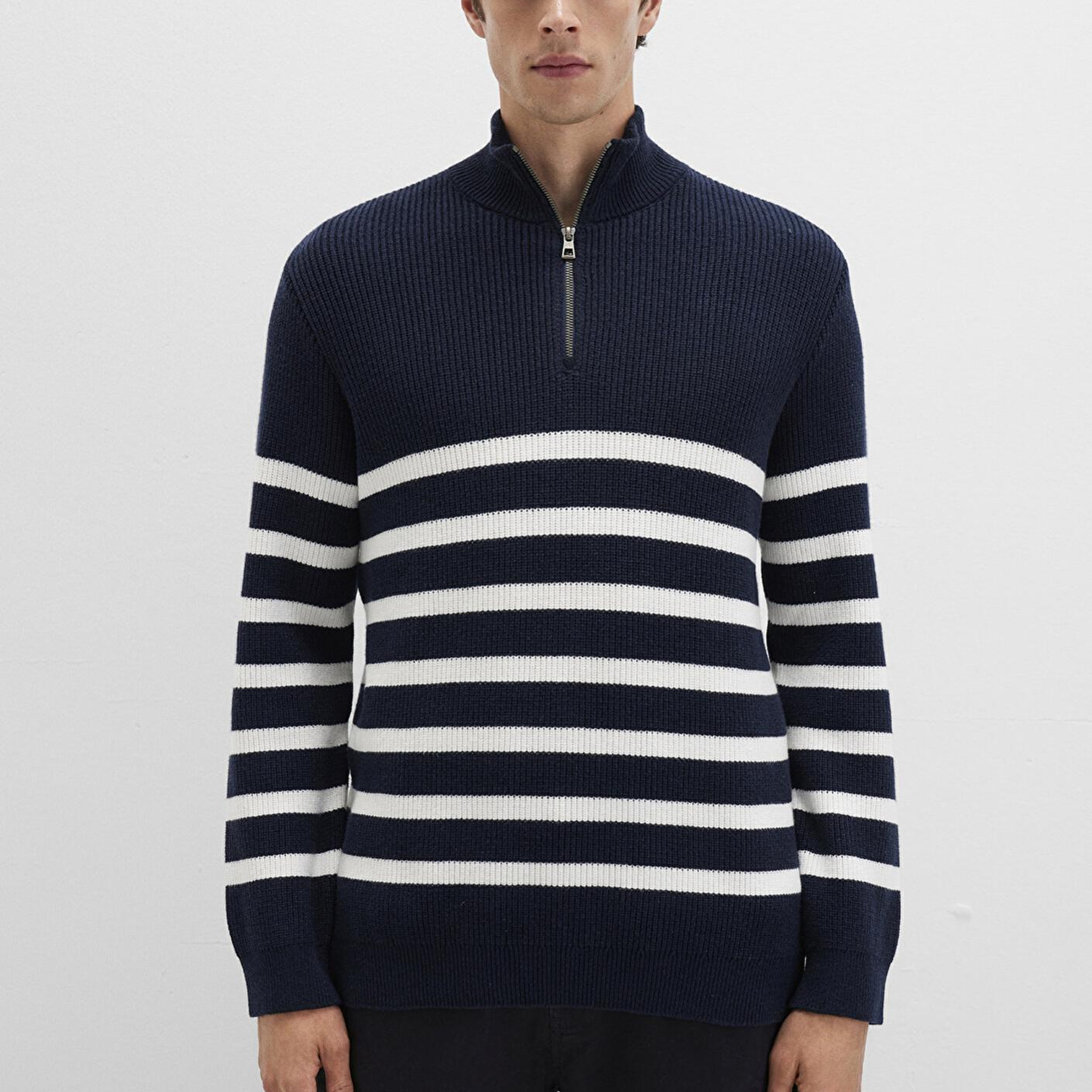 Mavi Yarı Fermuarlı Çizgili Lacivert Kazak Slim Fit / Dar Kesim 0710131-70490