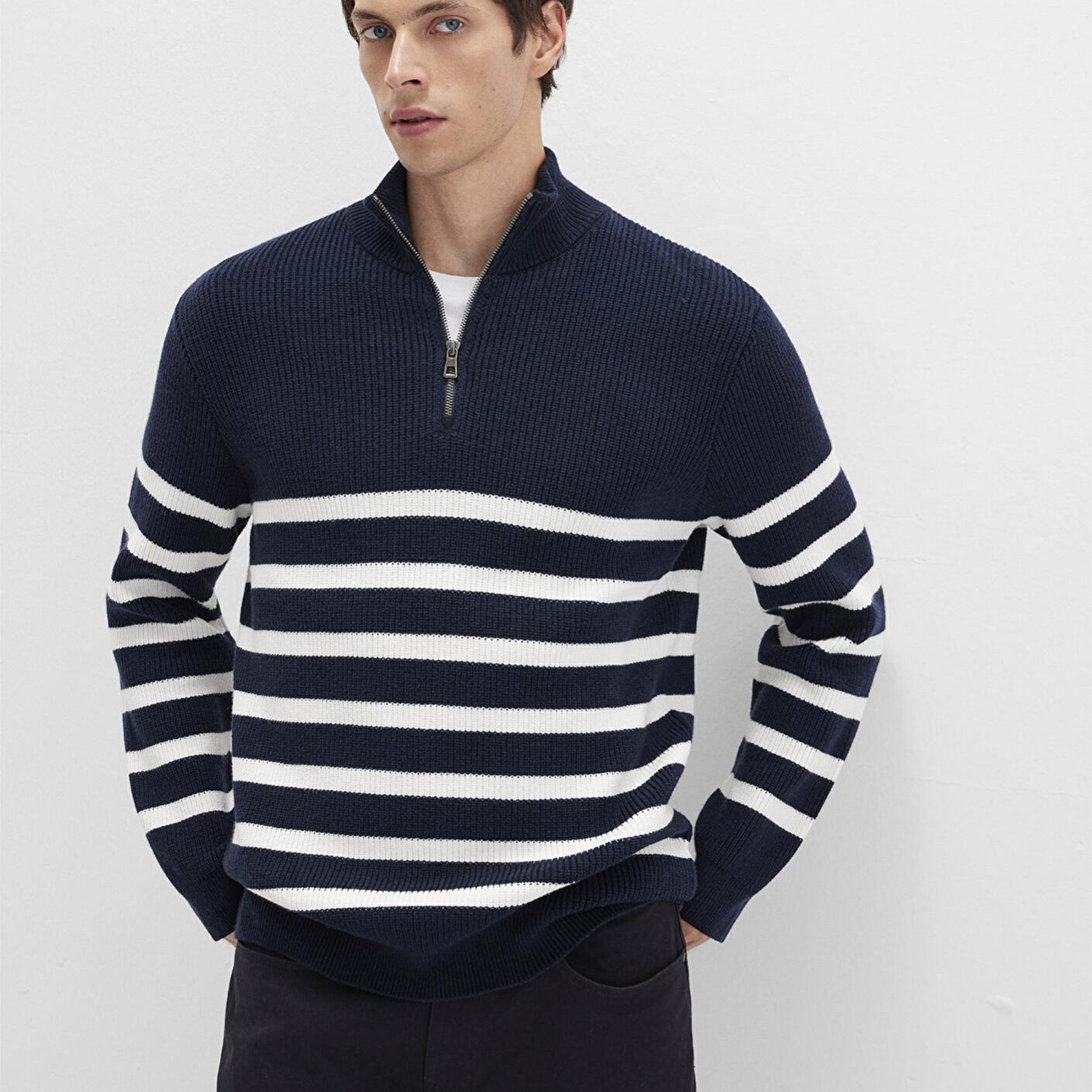 Mavi Yarı Fermuarlı Çizgili Lacivert Kazak Slim Fit / Dar Kesim 0710131-70490