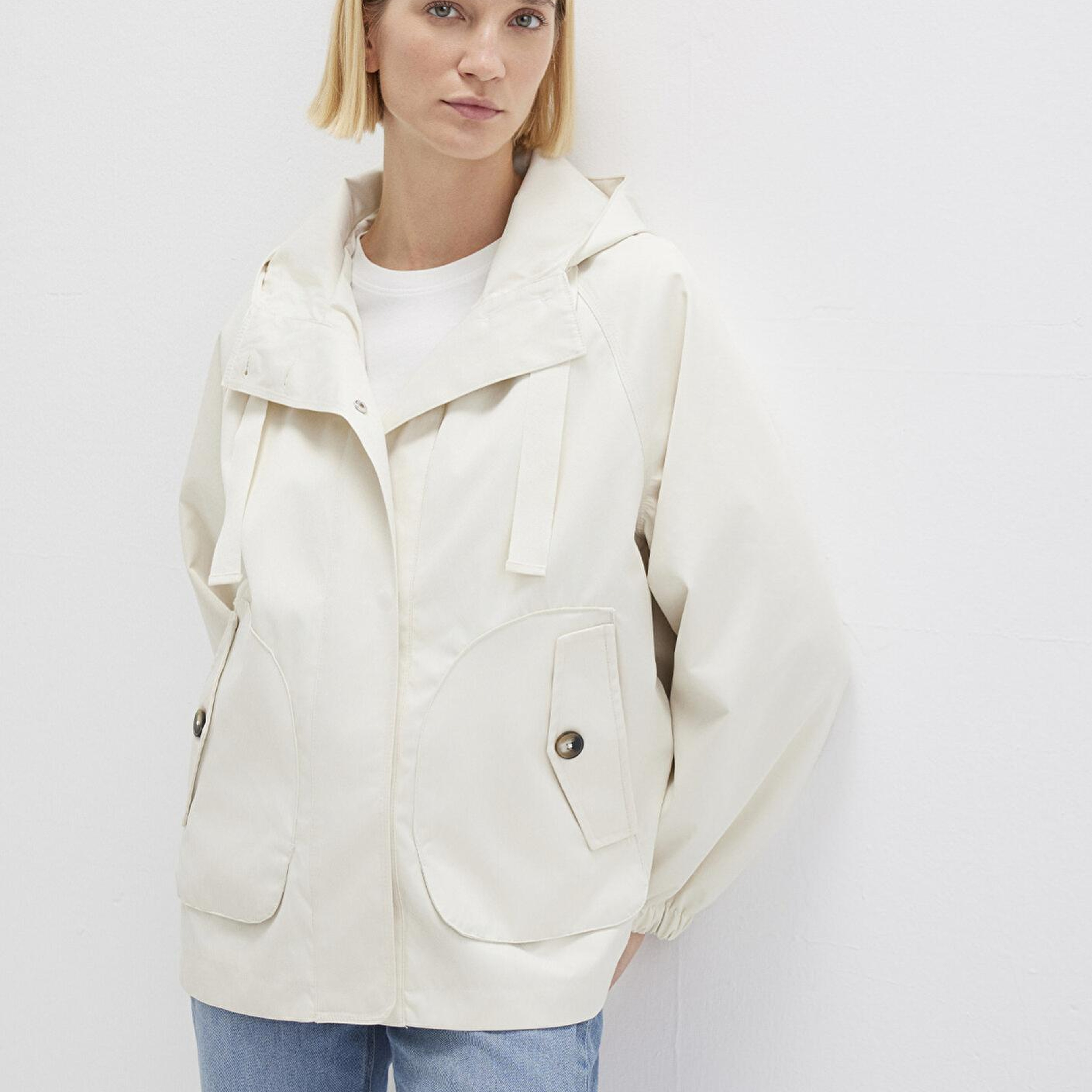 Mavi Kapüşonlu Ekru Ceket Loose Fit / Bol Rahat Kesim 1110014-70134