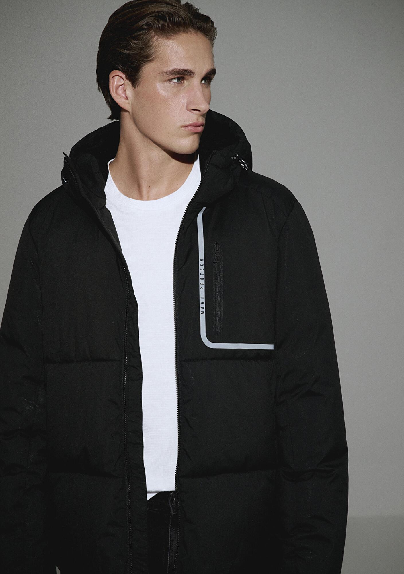 Mavi Su İtici Kapüşonlu Siyah Şişme Mont 0110463-900