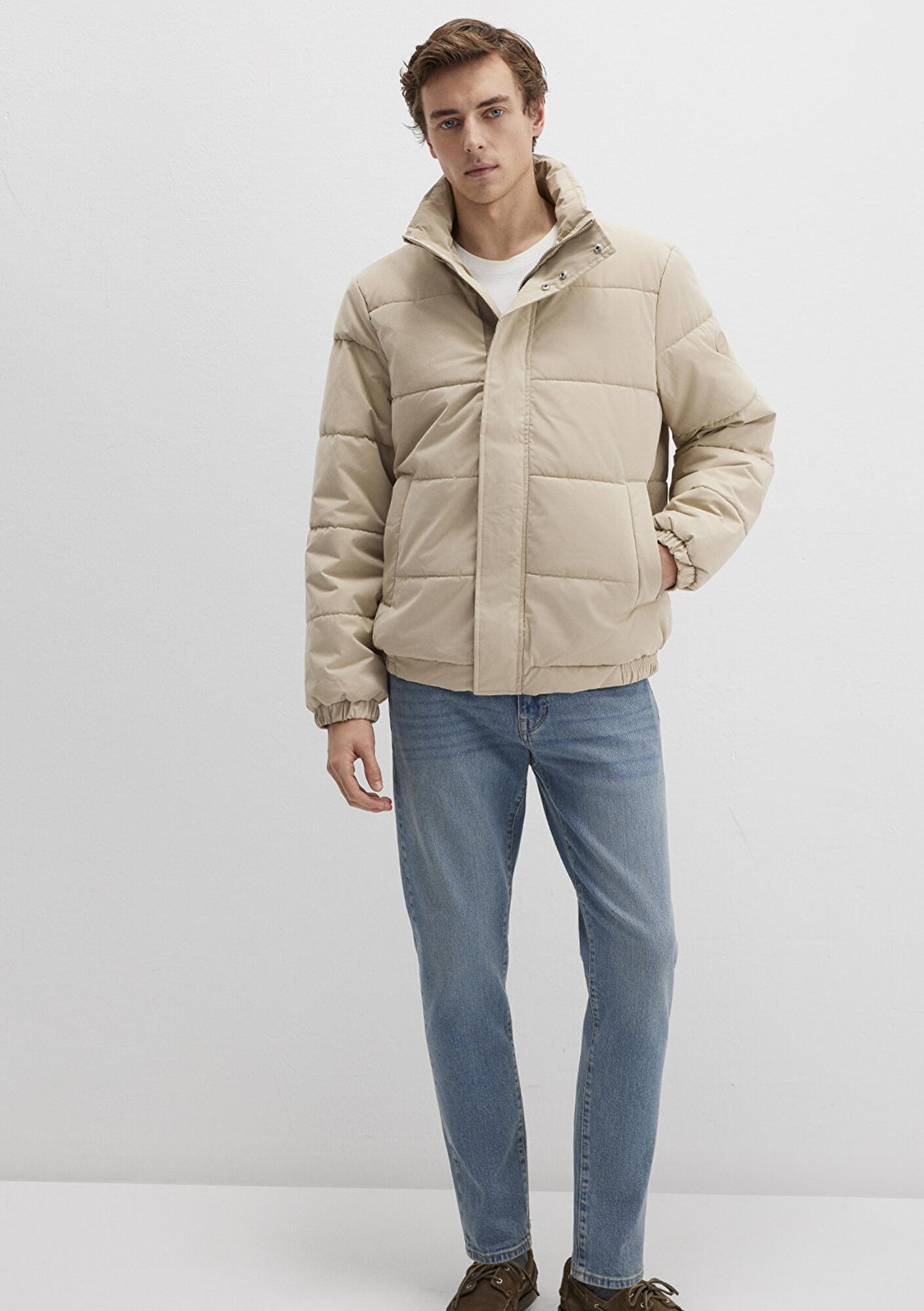 Mavi Dik Yaka Bej Şişme Mont 0110470-86559