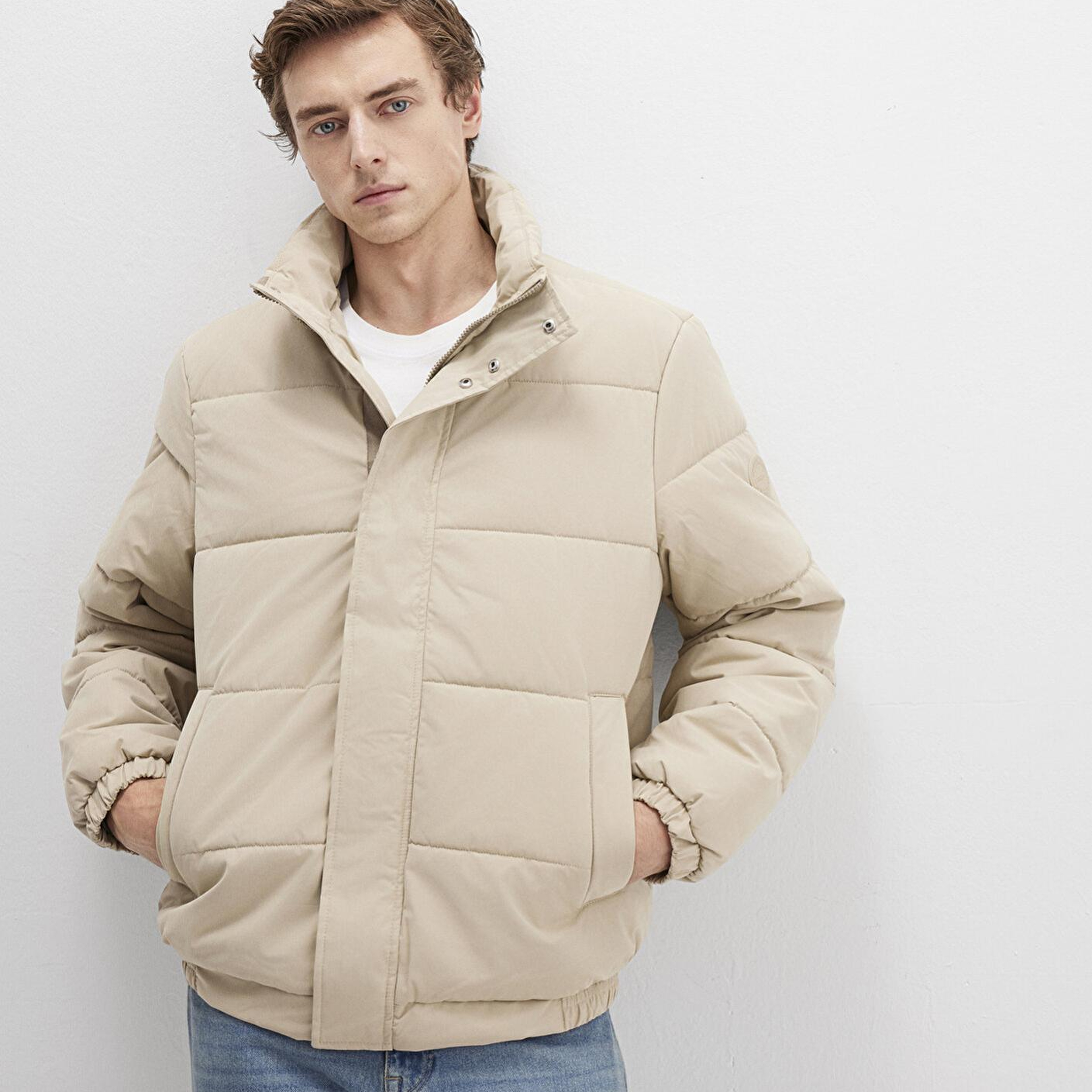 Mavi Dik Yaka Bej Şişme Mont 0110470-86559