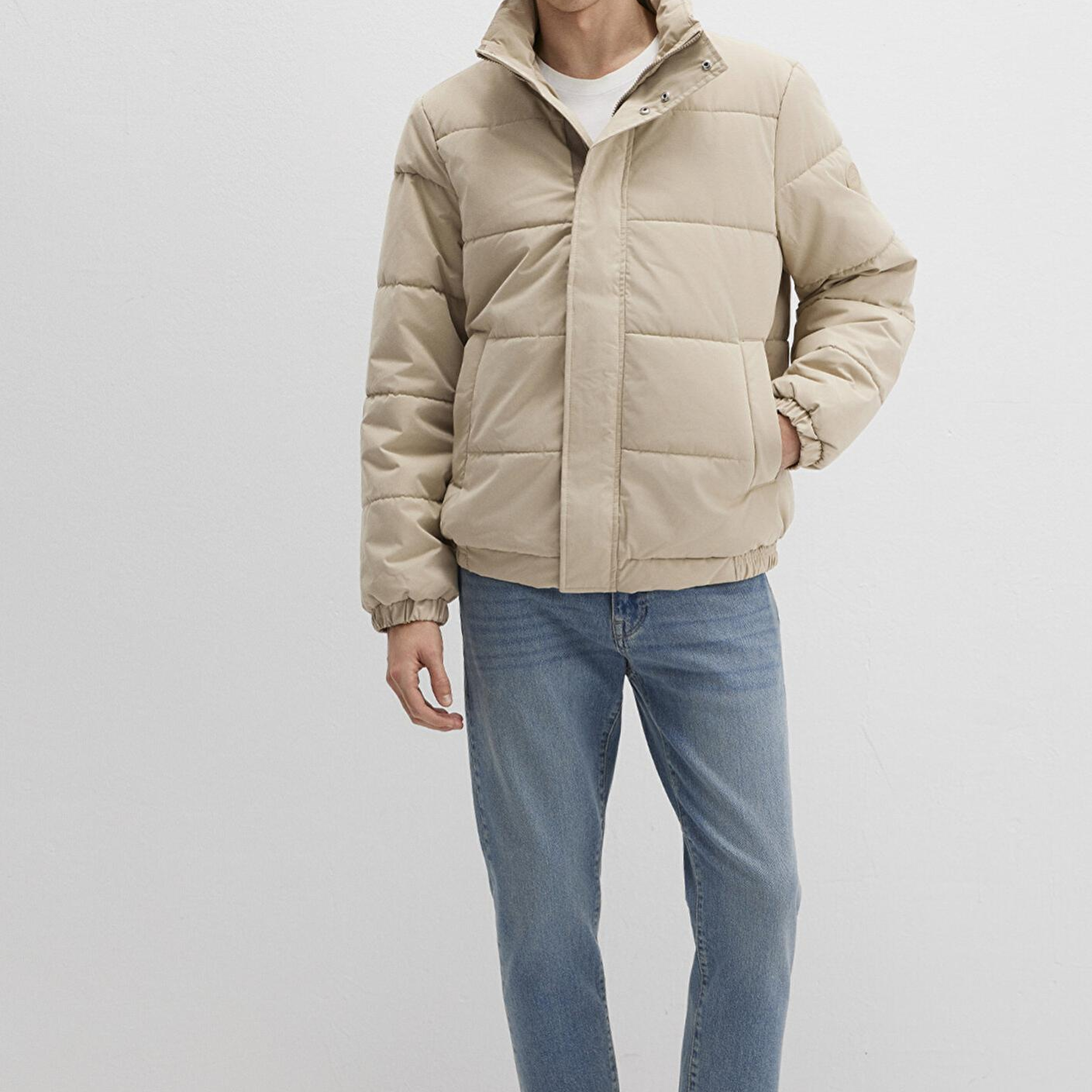 Mavi Dik Yaka Bej Şişme Mont 0110470-86559