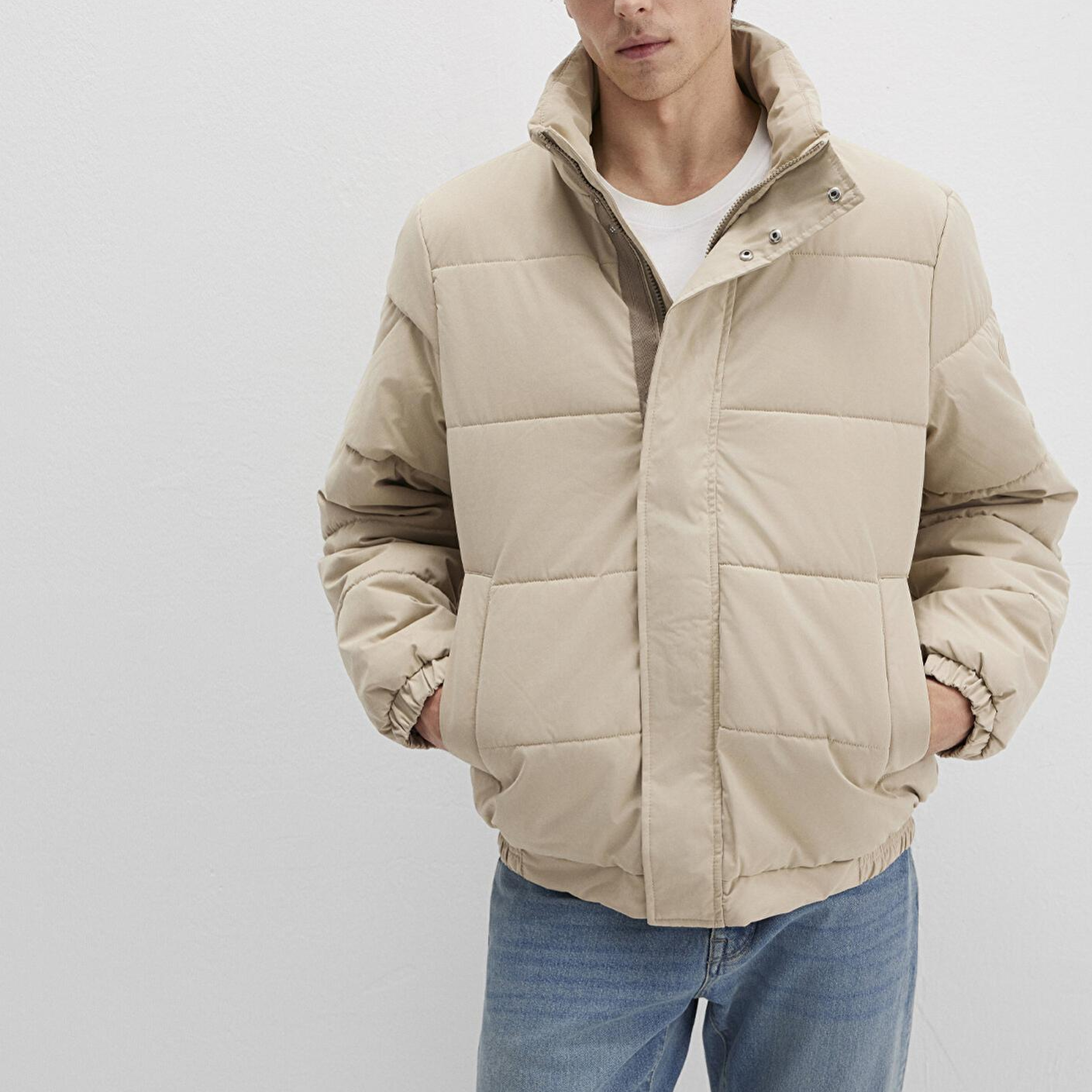 Mavi Dik Yaka Bej Şişme Mont 0110470-86559