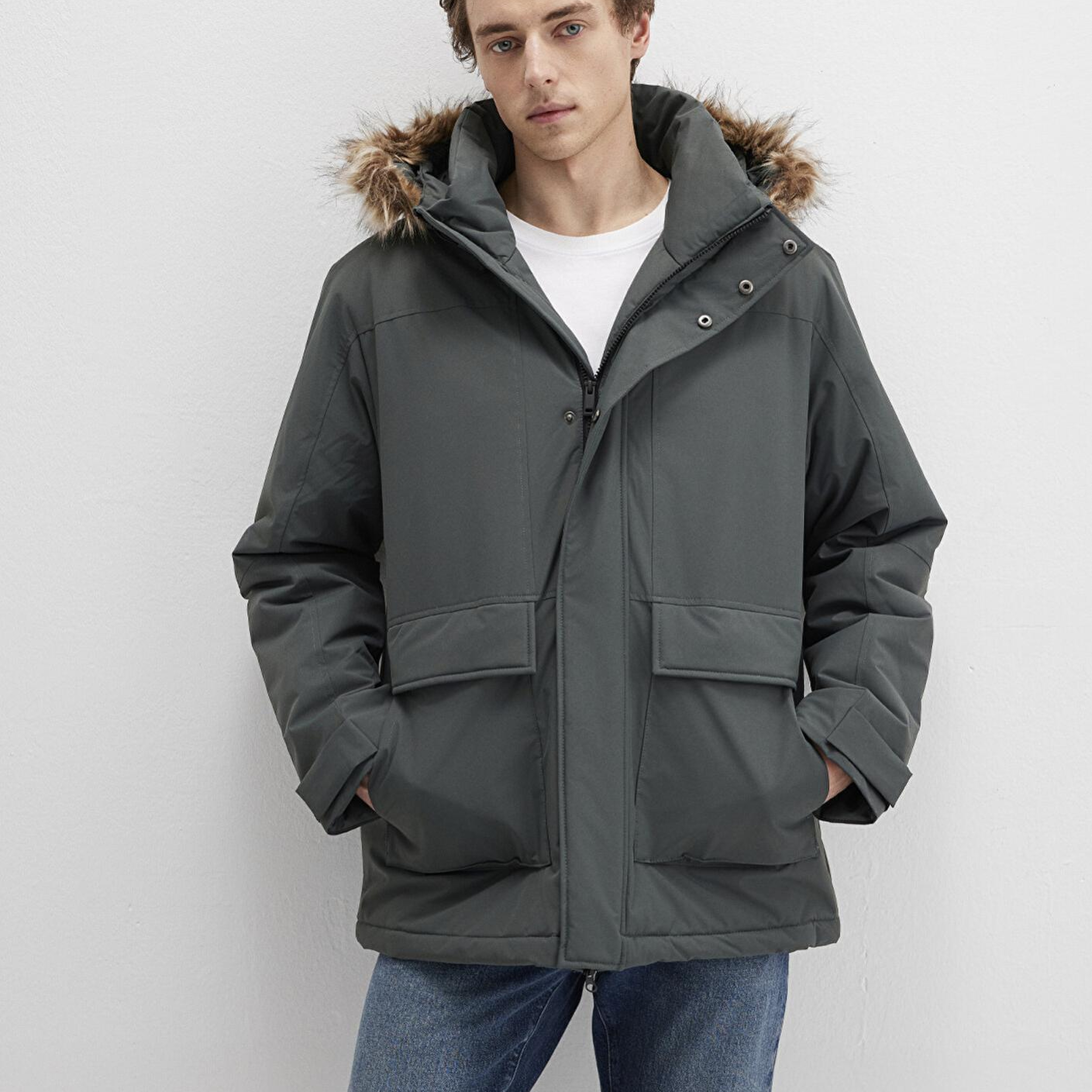 Mavi Kapüşonlu Yeşil Parka Loose Fit / Bol Rahat Kesim 0110472-71598