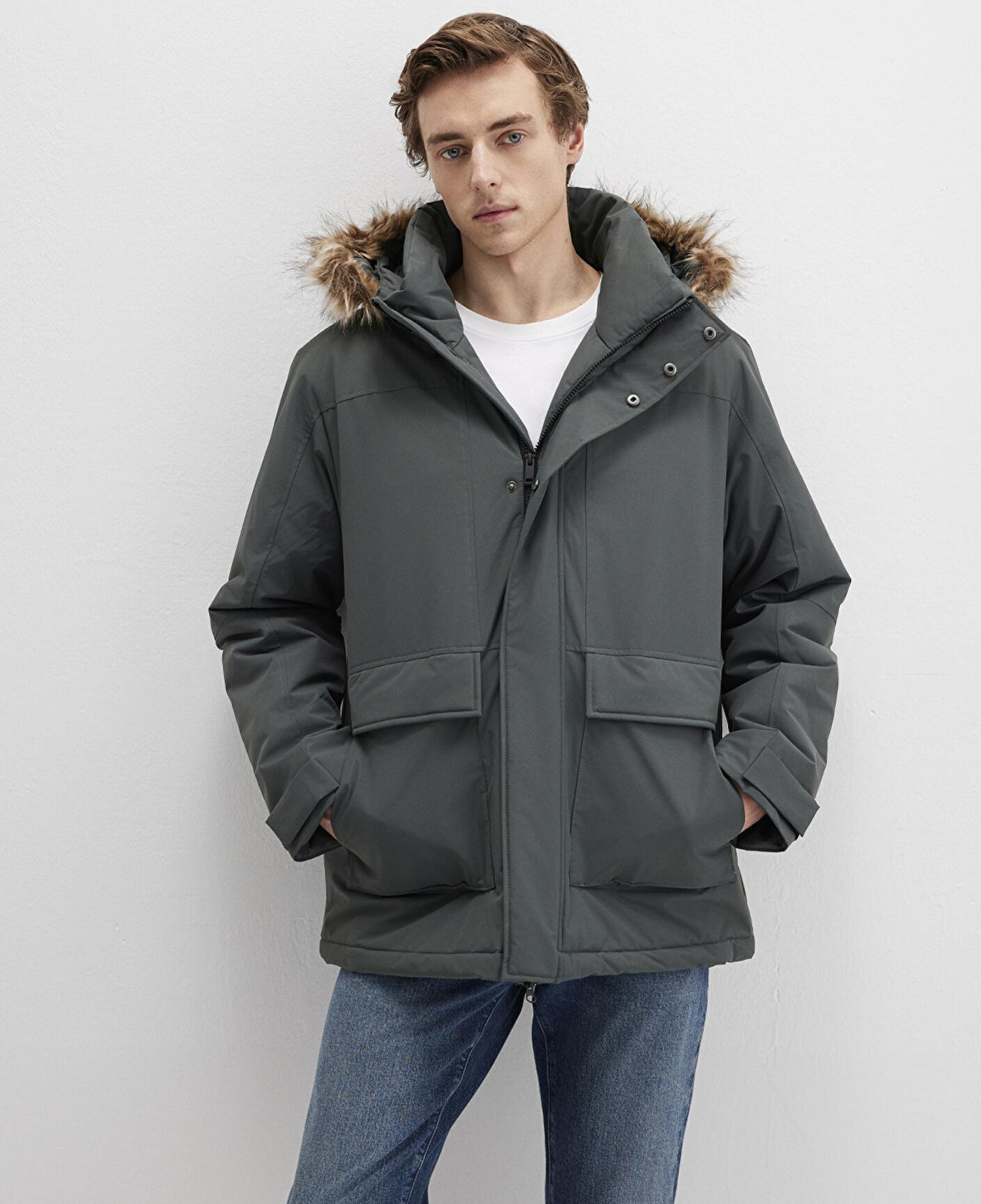 Mavi Kapüşonlu Yeşil Parka Loose Fit / Bol Rahat Kesim 0110472-71598