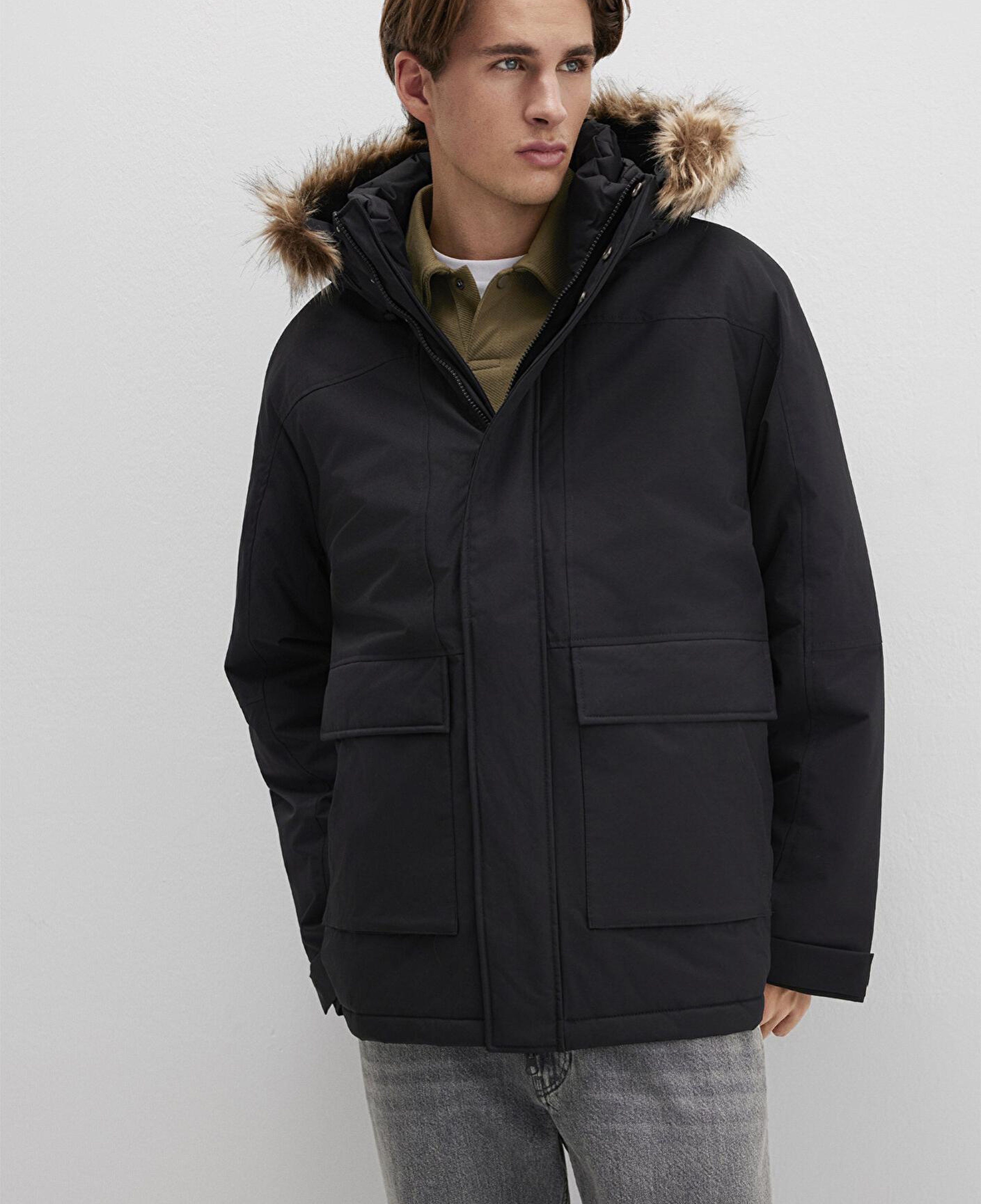 Mavi Kapüşonlu Siyah Parka Loose Fit / Bol Rahat Kesim 0110472-900