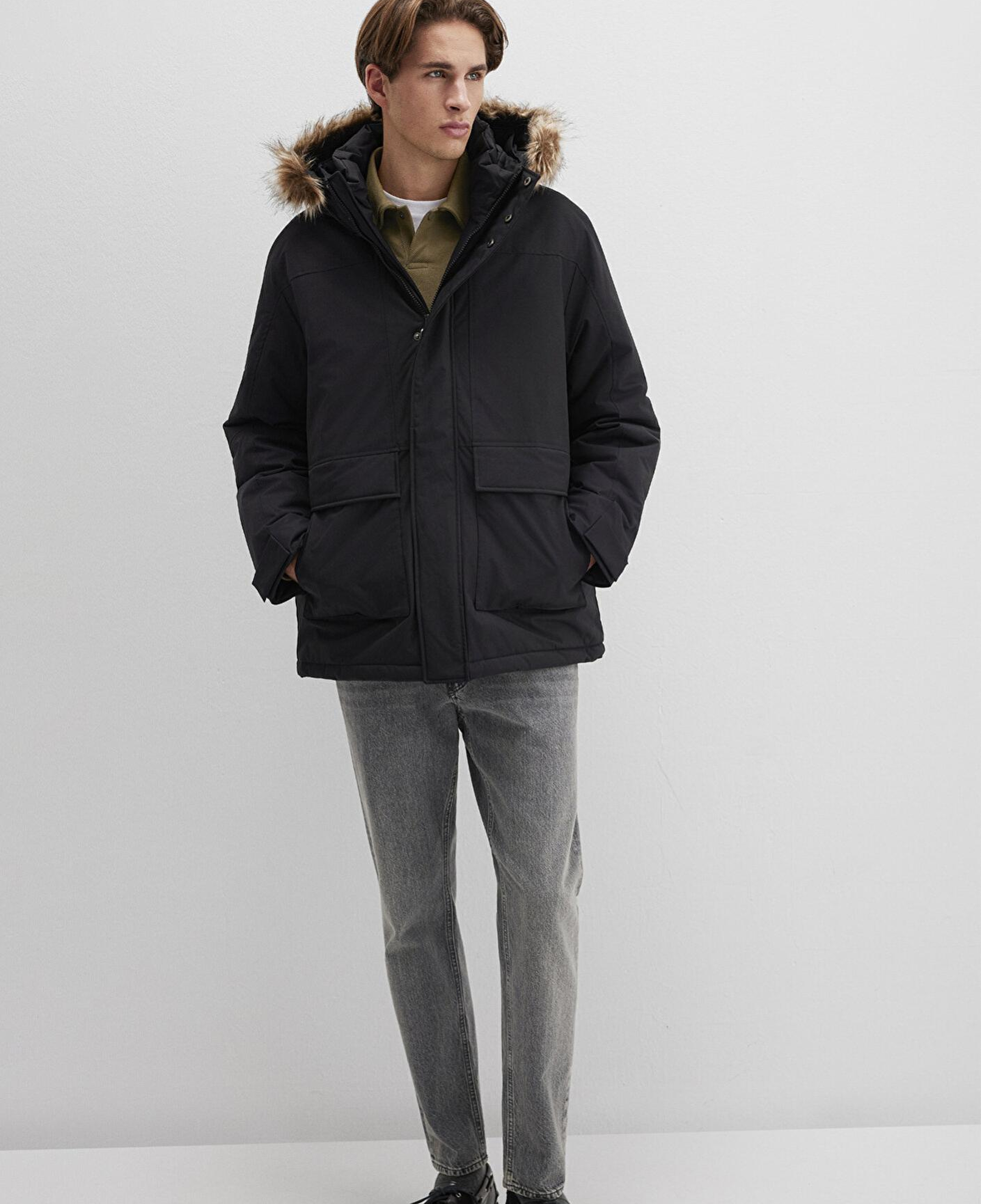 Mavi Kapüşonlu Siyah Parka Loose Fit / Bol Rahat Kesim 0110472-900