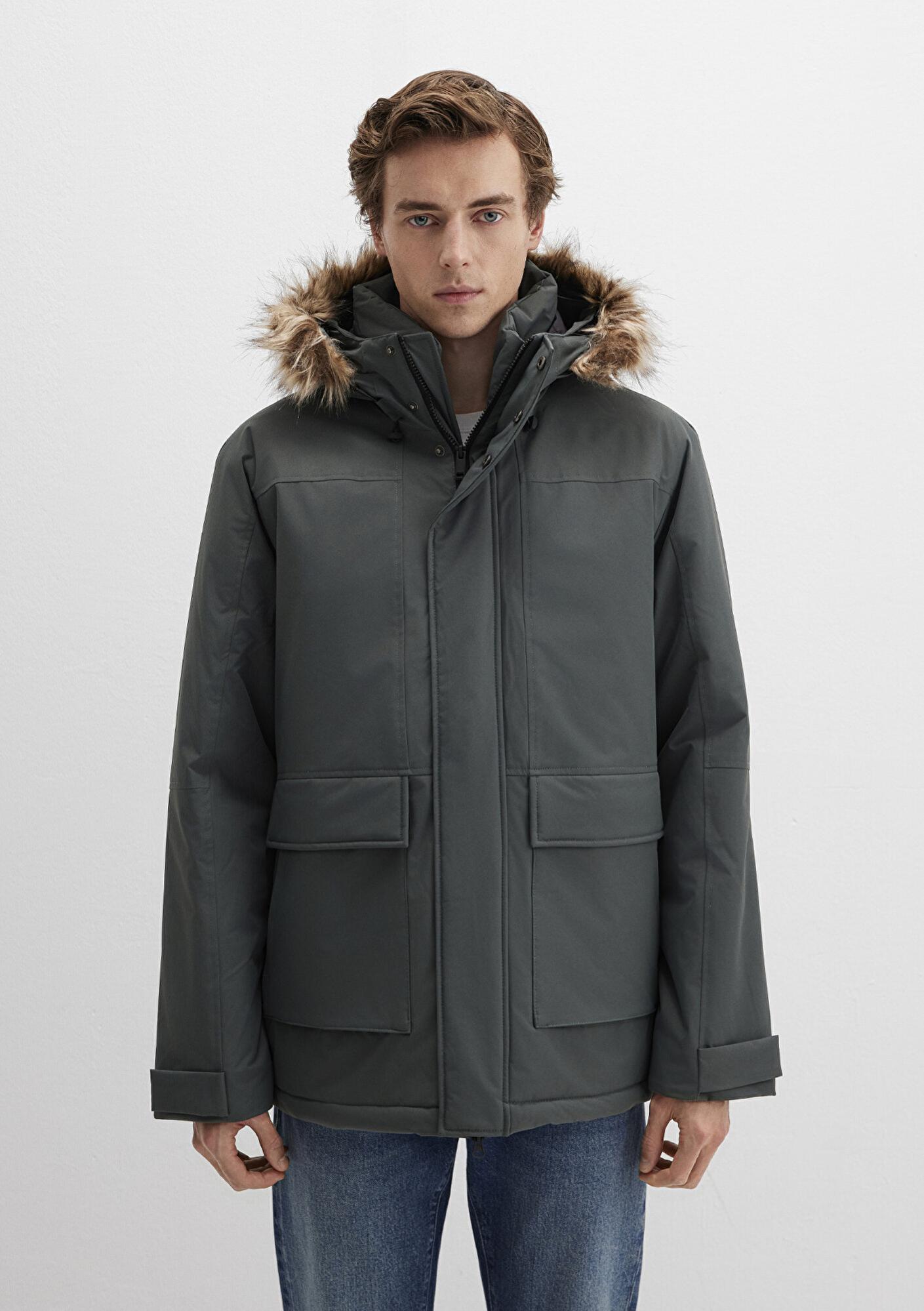 Mavi Kapüşonlu Yeşil Parka Loose Fit / Bol Rahat Kesim 0110472-71598