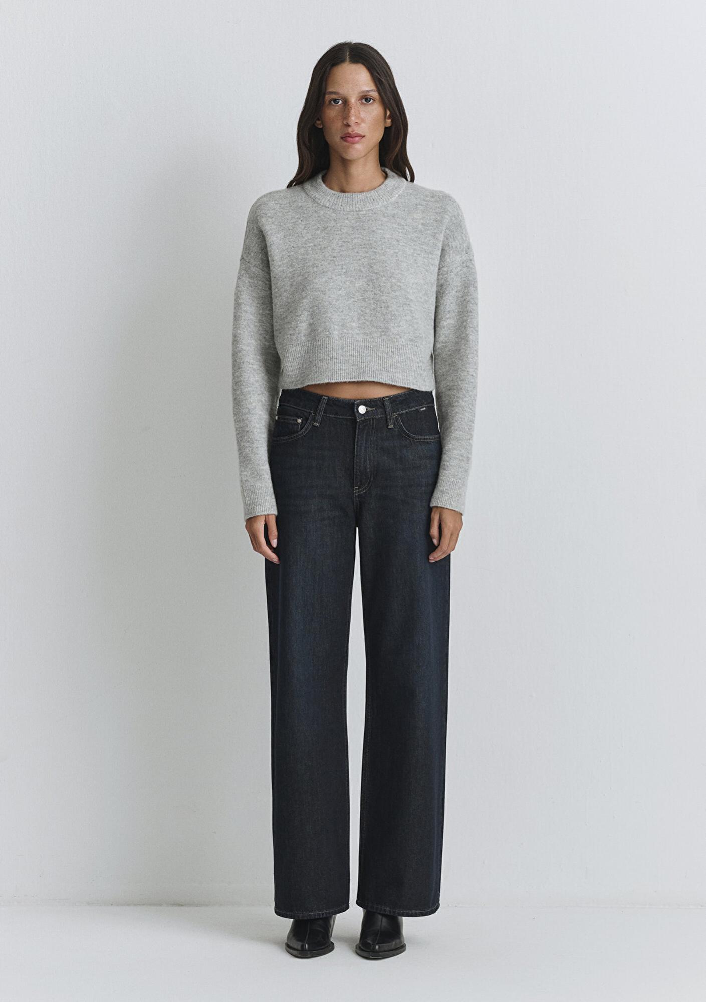 Mavi Yün Karışımlı Bisiklet Yaka Crop Gri Kazak Crop / Kısa Kesim 1710496-83096