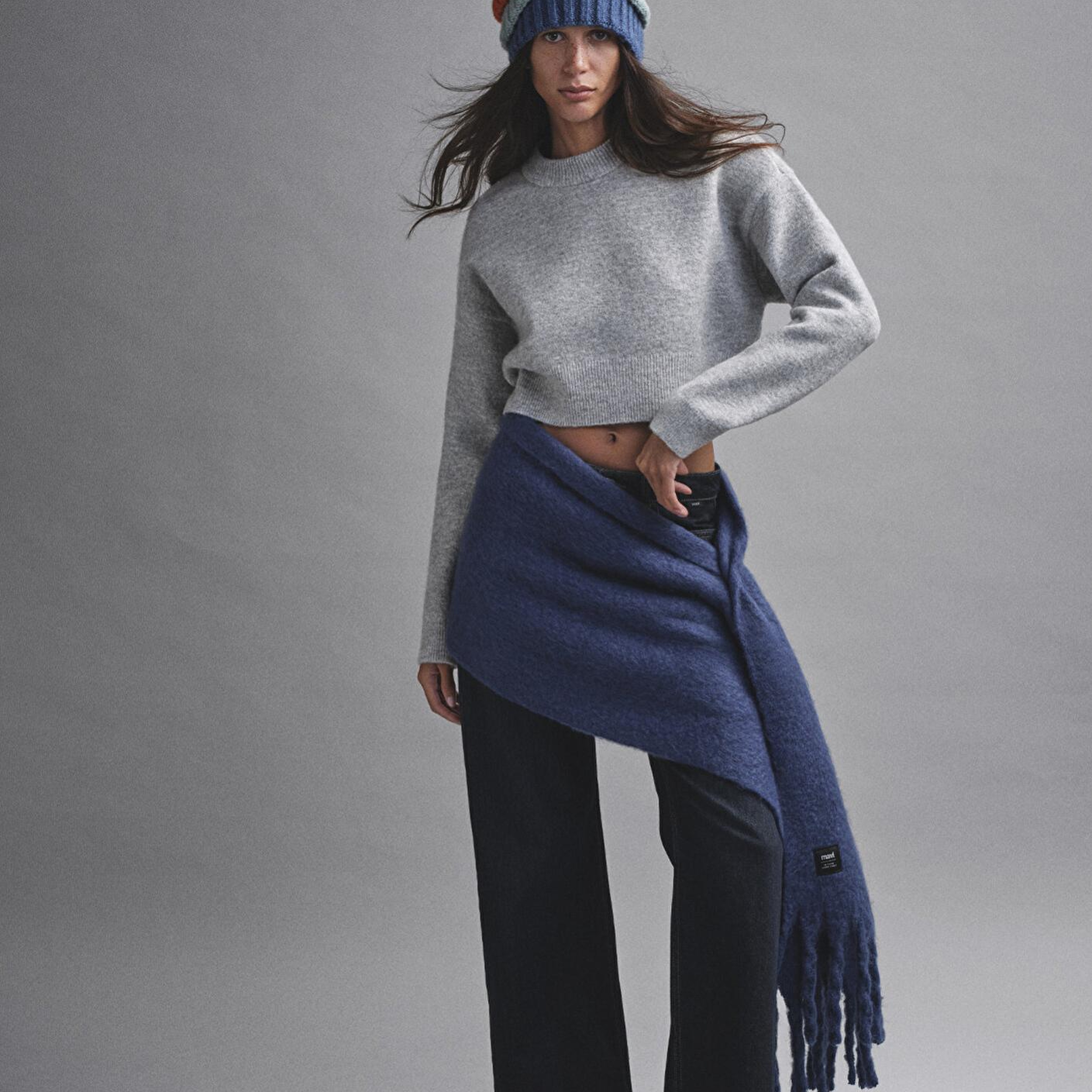 Mavi Yün Karışımlı Bisiklet Yaka Crop Gri Kazak Crop / Kısa Kesim 1710496-83096