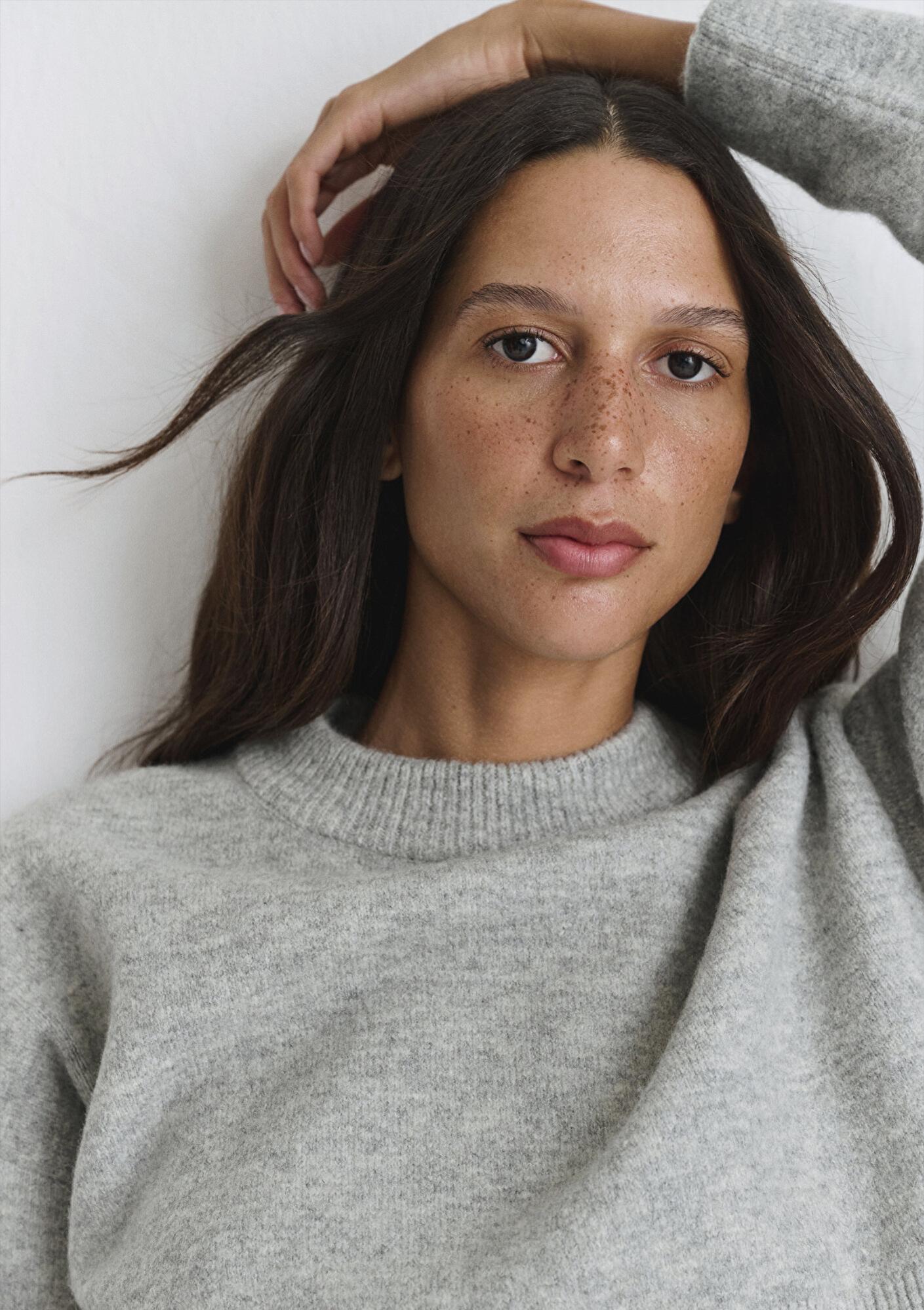 Mavi Yün Karışımlı Bisiklet Yaka Crop Gri Kazak Crop / Kısa Kesim 1710496-83096