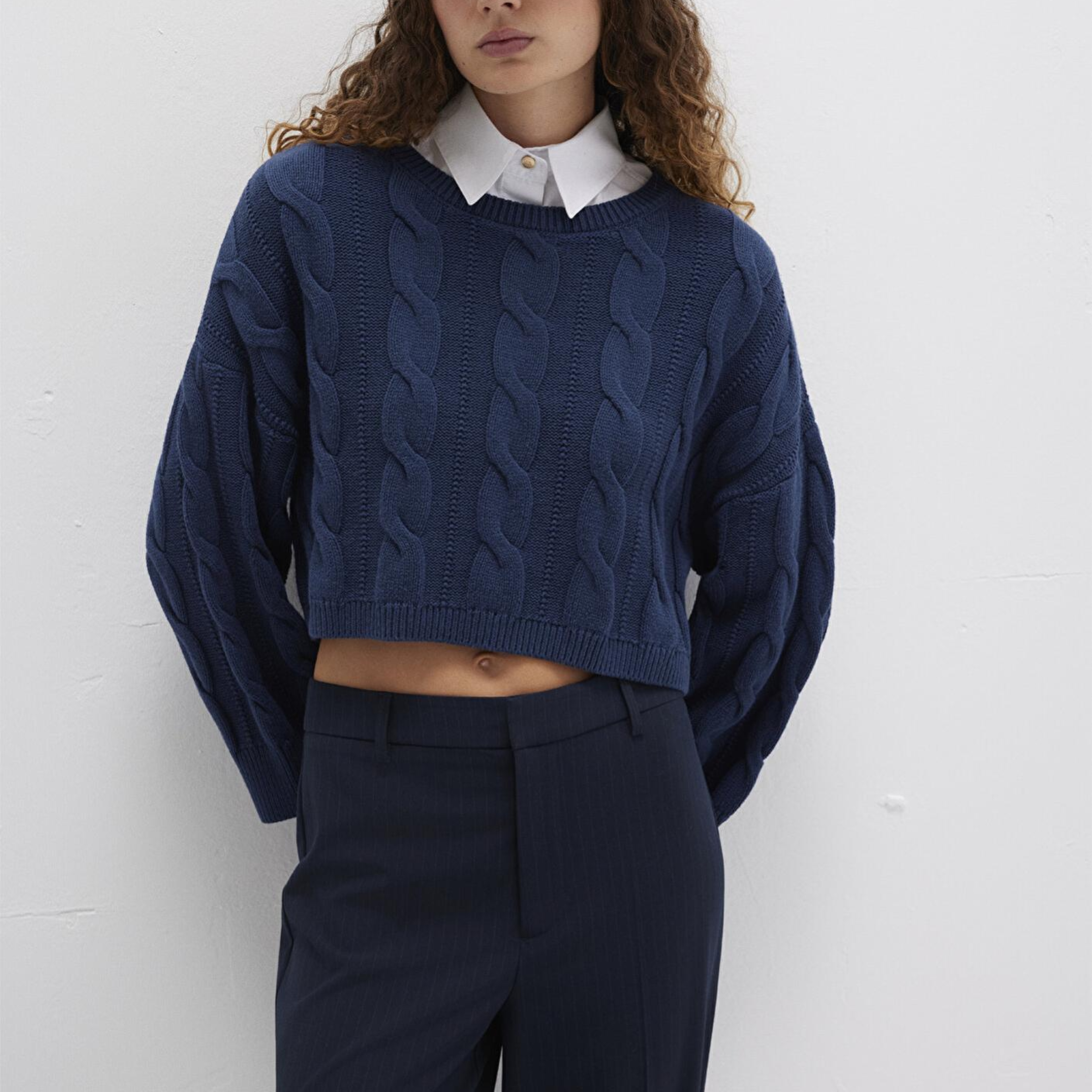 Mavi Bisiklet Yaka Lacivert Kazak Crop / Kısa Kesim 1710477-82454