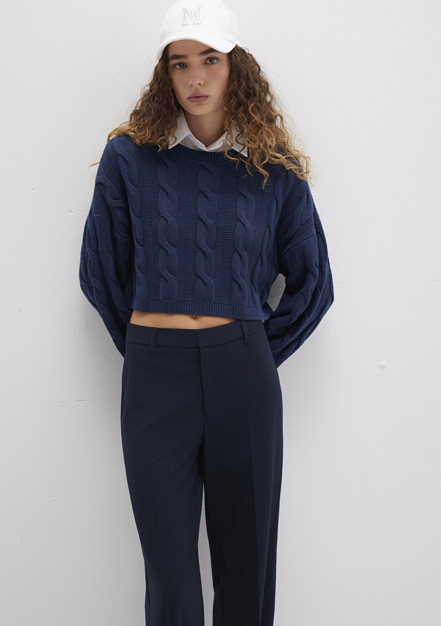 Mavi Bisiklet Yaka Lacivert Kazak Crop / Kısa Kesim 1710477-82454