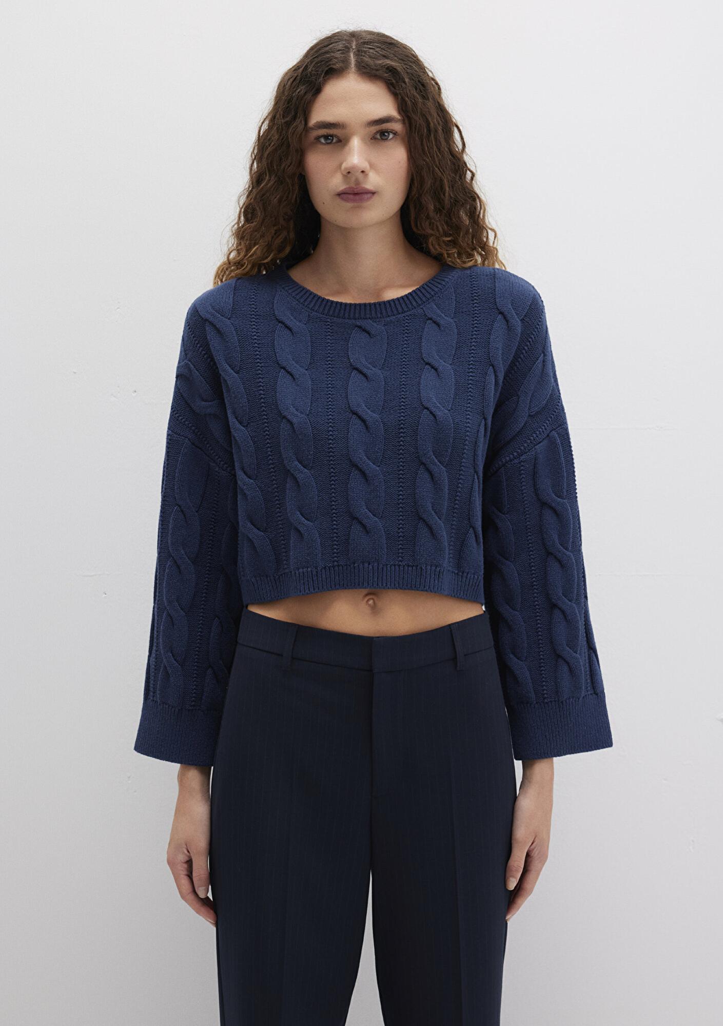 Mavi Bisiklet Yaka Lacivert Kazak Crop / Kısa Kesim 1710477-82454