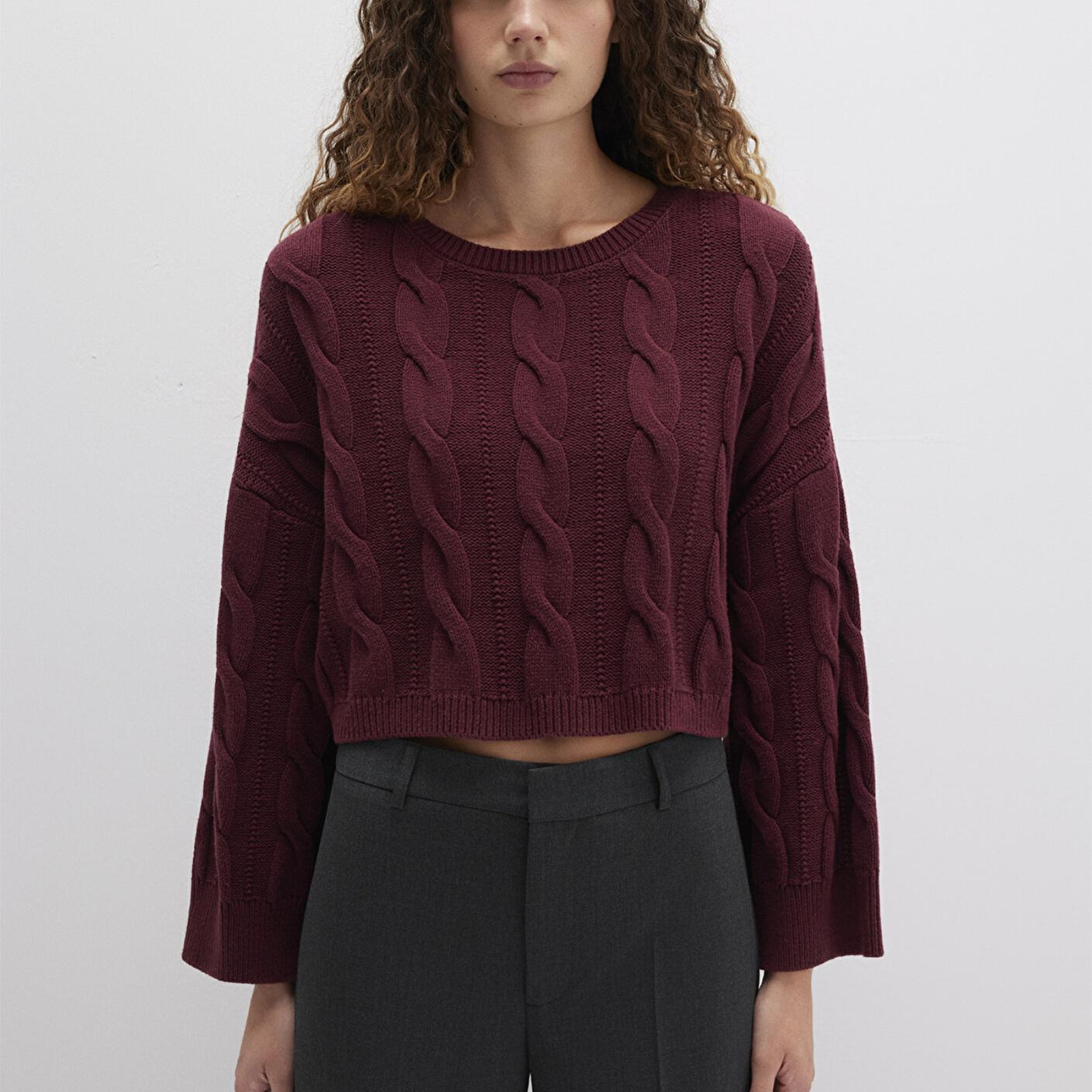 Mavi Bisiklet Yaka Bordo Kazak Crop / Kısa Kesim 1710477-70415