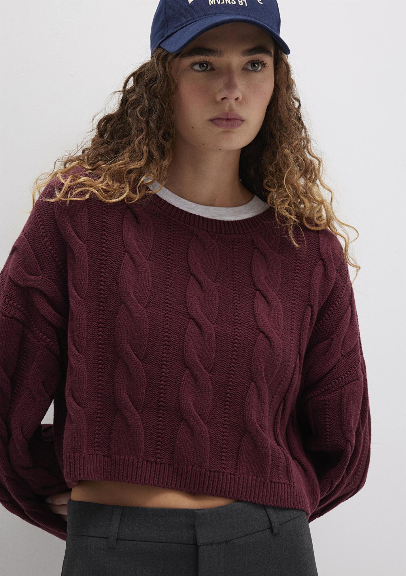 Mavi Bisiklet Yaka Bordo Kazak Crop / Kısa Kesim 1710477-70415