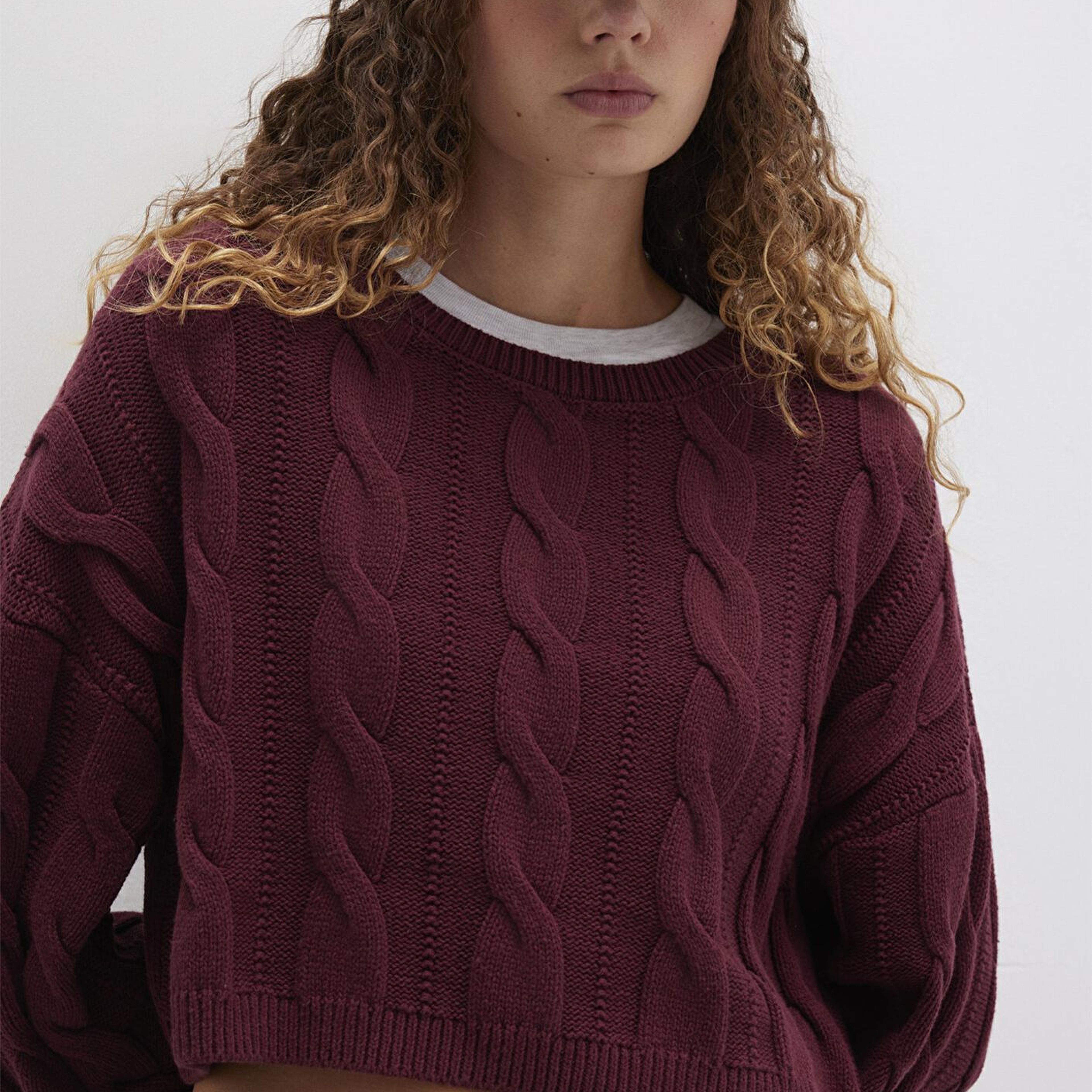 Mavi Bisiklet Yaka Bordo Kazak Crop / Kısa Kesim 1710477-70415