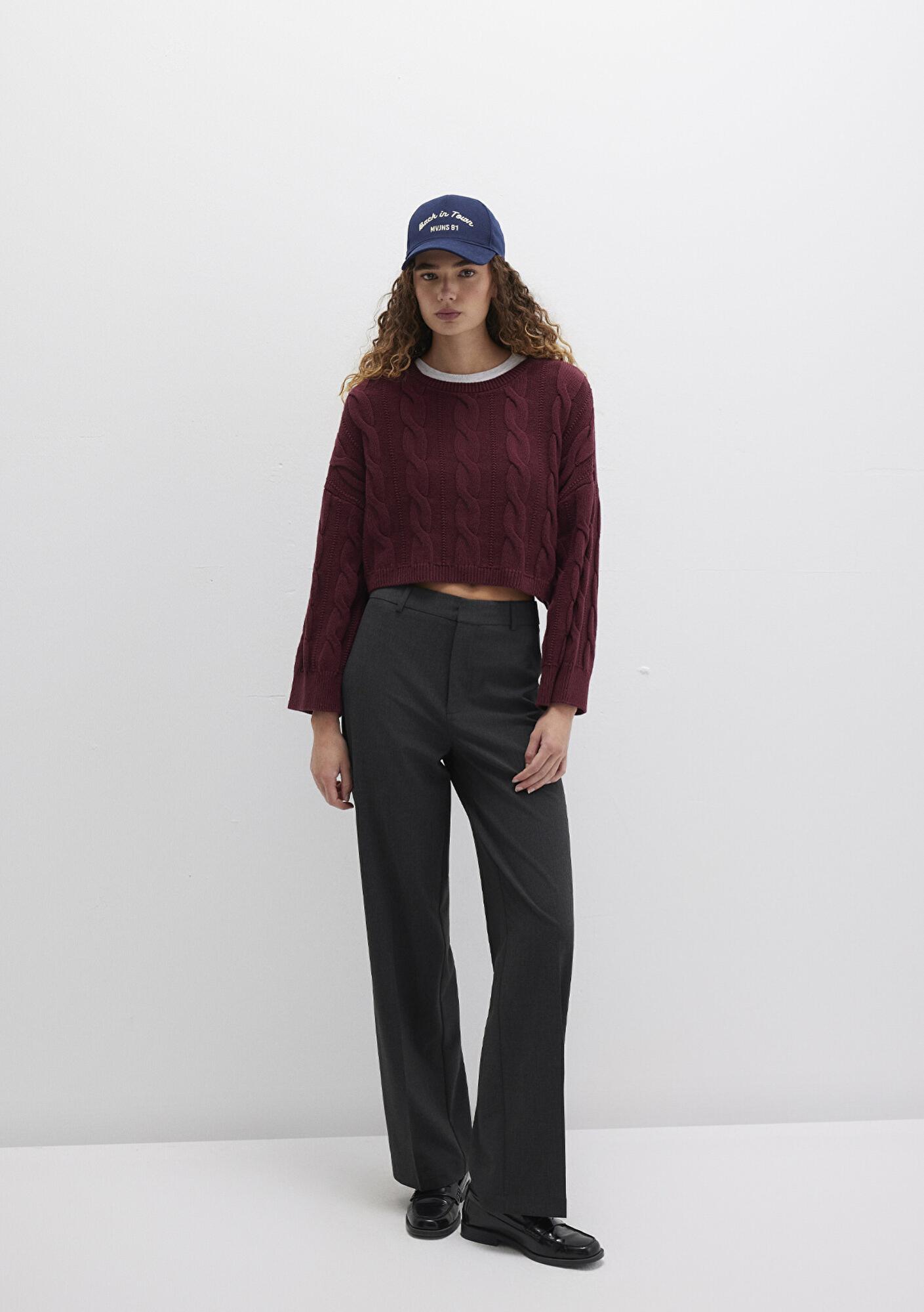 Mavi Bisiklet Yaka Bordo Kazak Crop / Kısa Kesim 1710477-70415