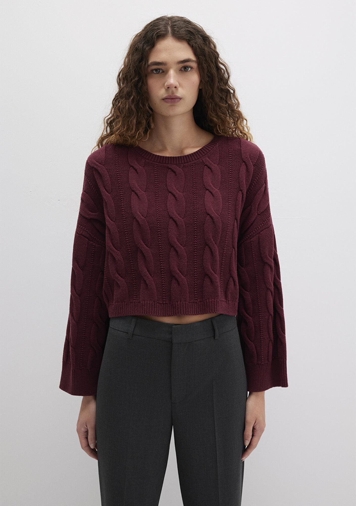 Mavi Bisiklet Yaka Bordo Kazak Crop / Kısa Kesim 1710477-70415