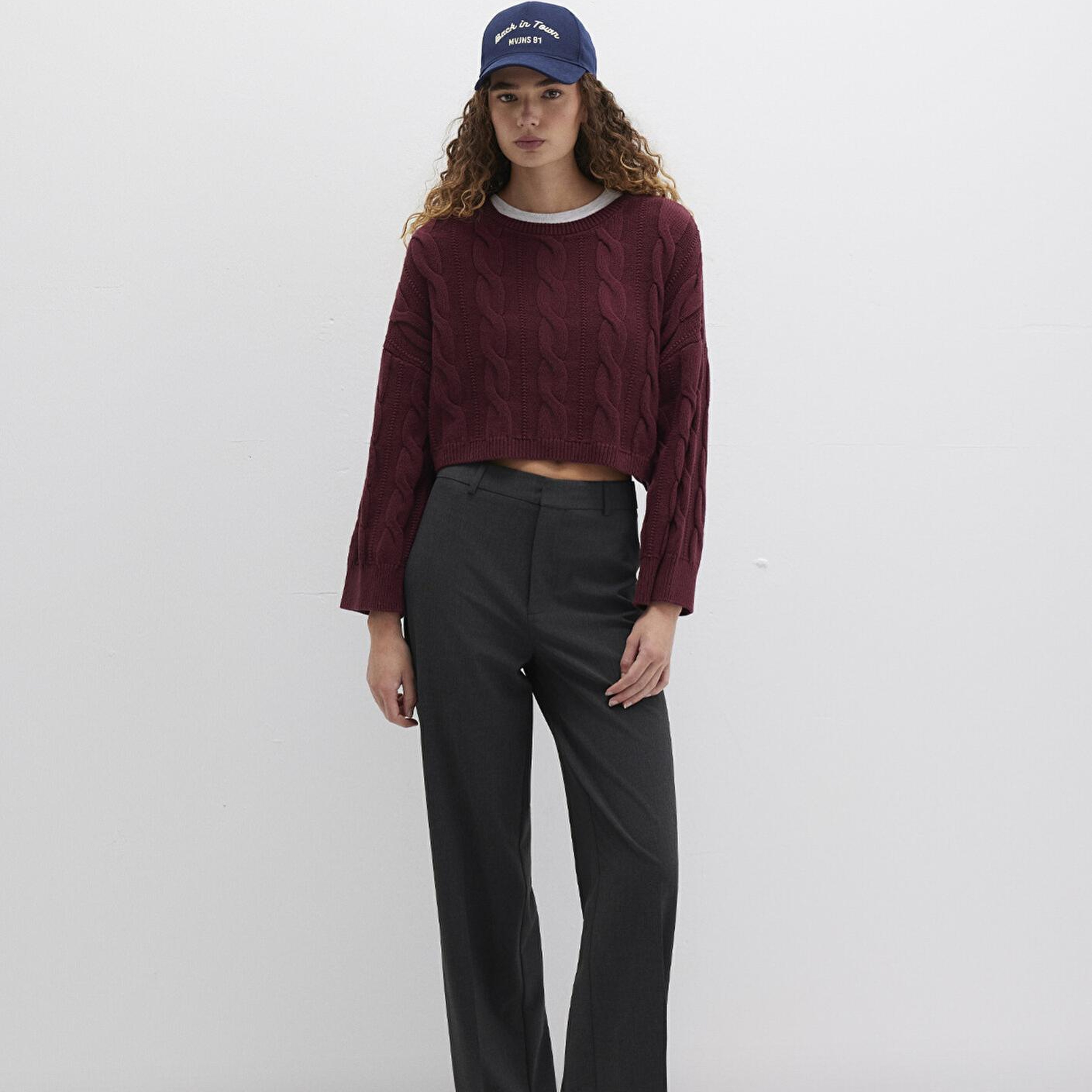 Mavi Bisiklet Yaka Bordo Kazak Crop / Kısa Kesim 1710477-70415