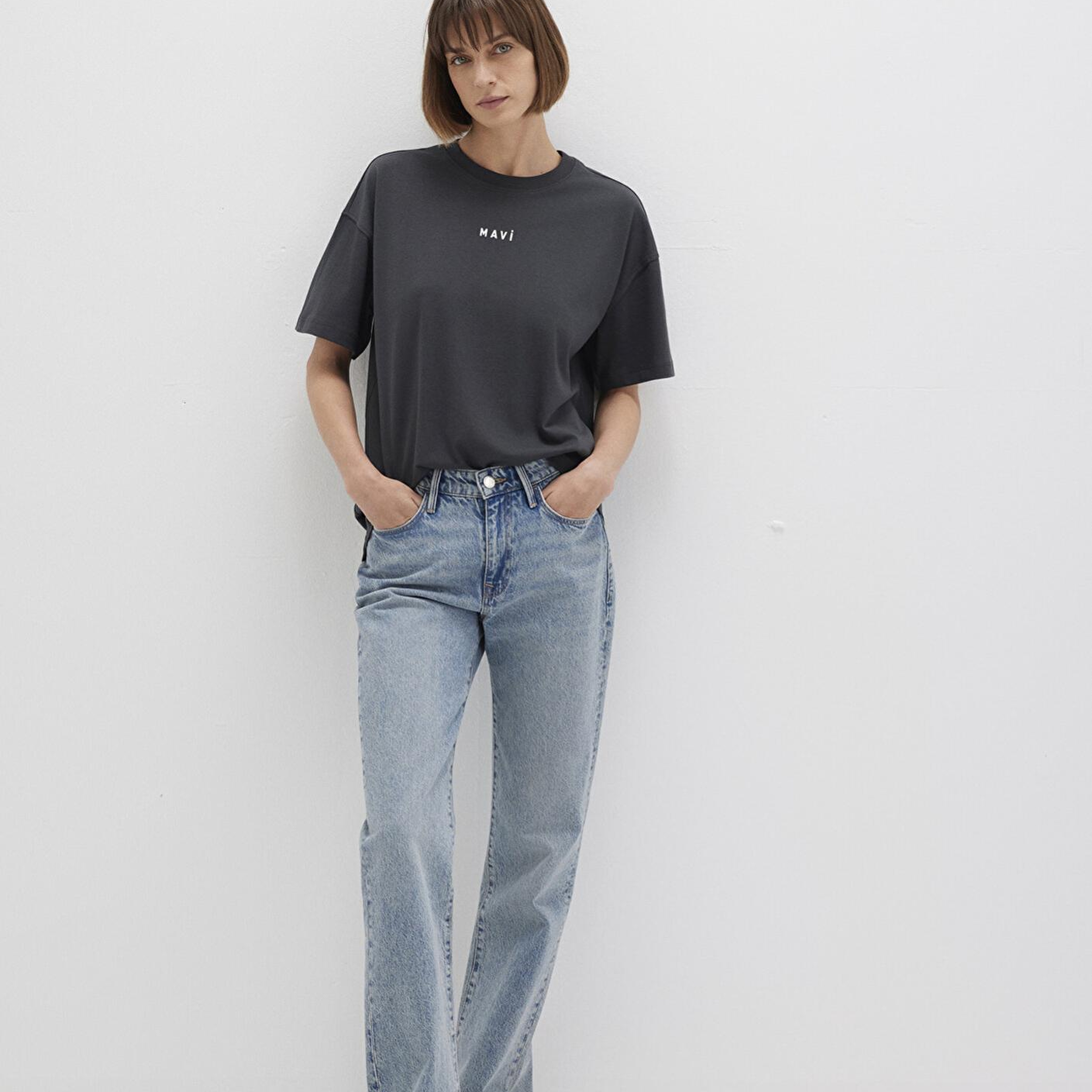 Mavi Mavi Logo Baskılı Antrasit Tişört Loose Fit / Bol Rahat Kesim 1612518-70087