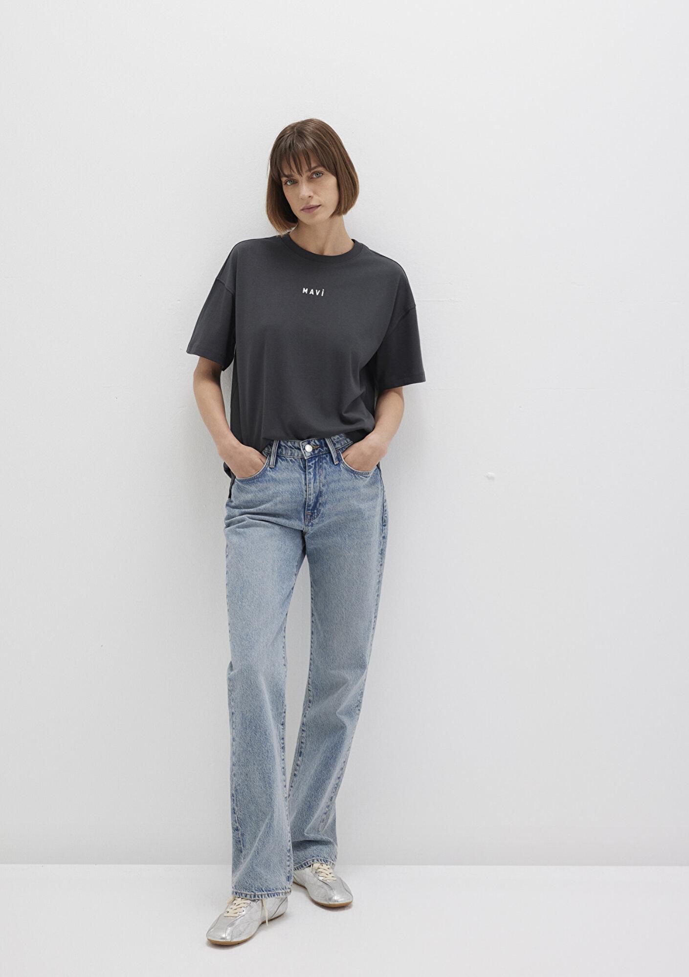 Mavi Mavi Logo Baskılı Antrasit Tişört Loose Fit / Bol Rahat Kesim 1612518-70087