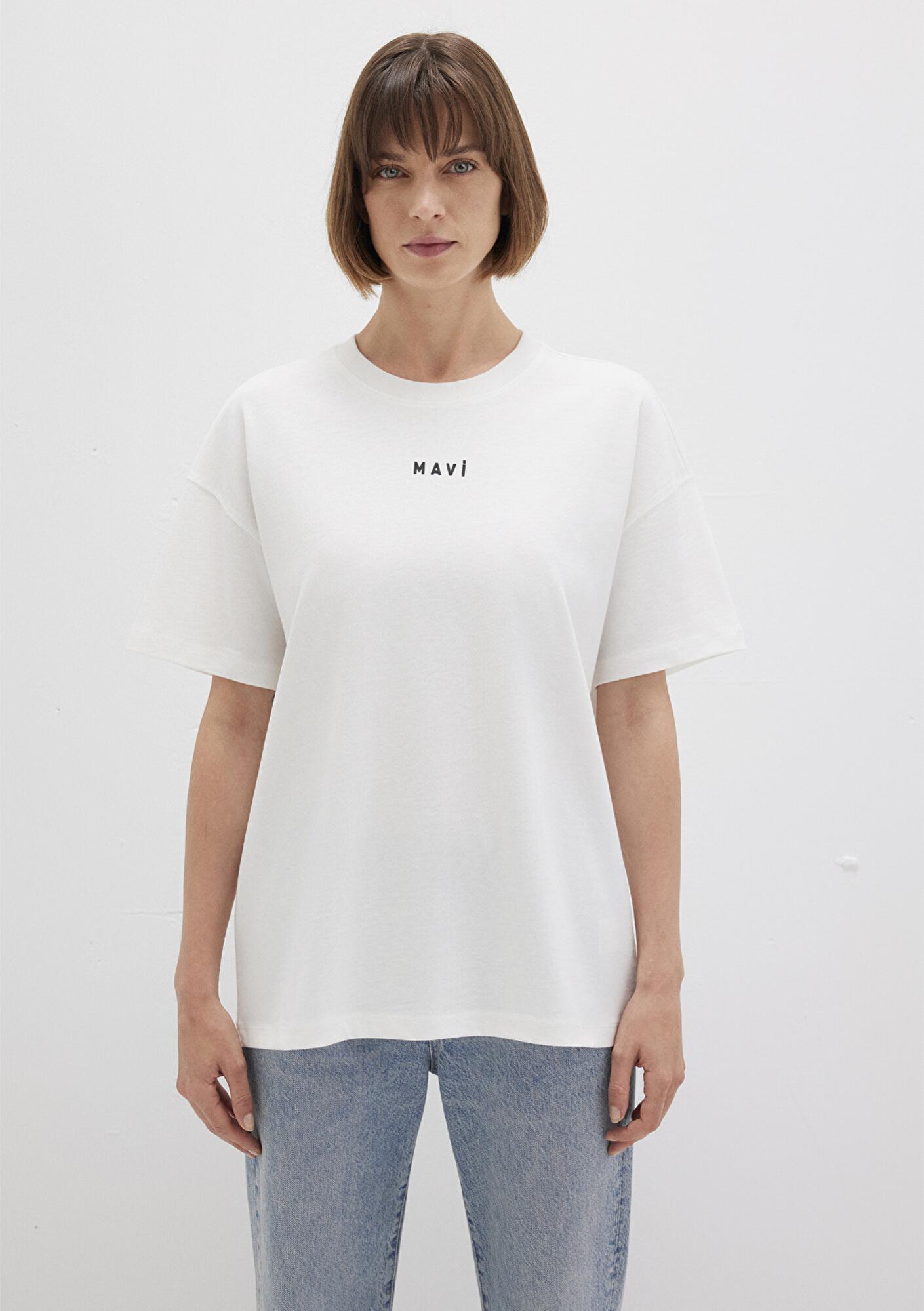 Mavi Mavi Logo Baskılı Beyaz Tişört Loose Fit / Bol Rahat Kesim 1612518-70057