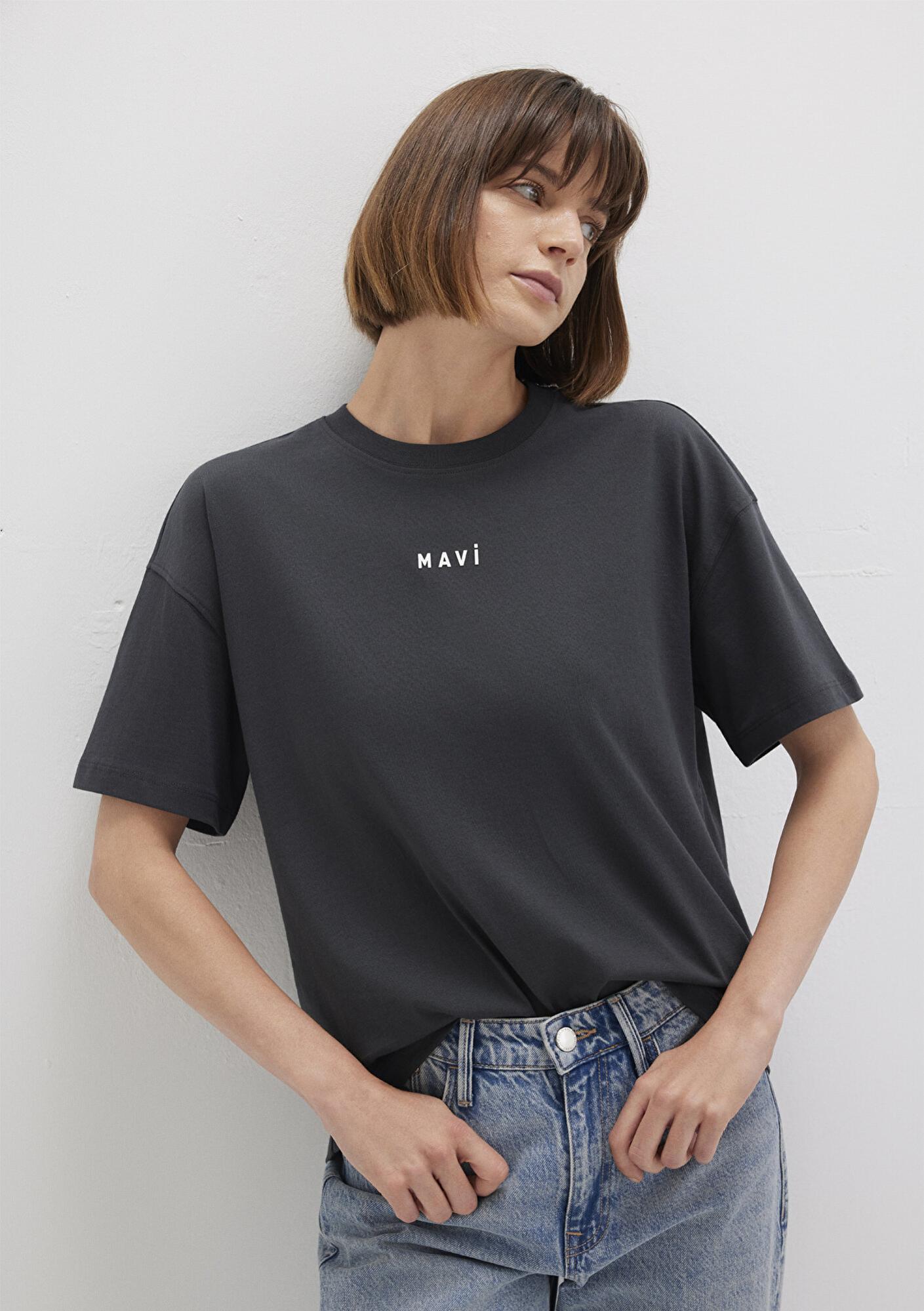 Mavi Mavi Logo Baskılı Antrasit Tişört Loose Fit / Bol Rahat Kesim 1612518-70087