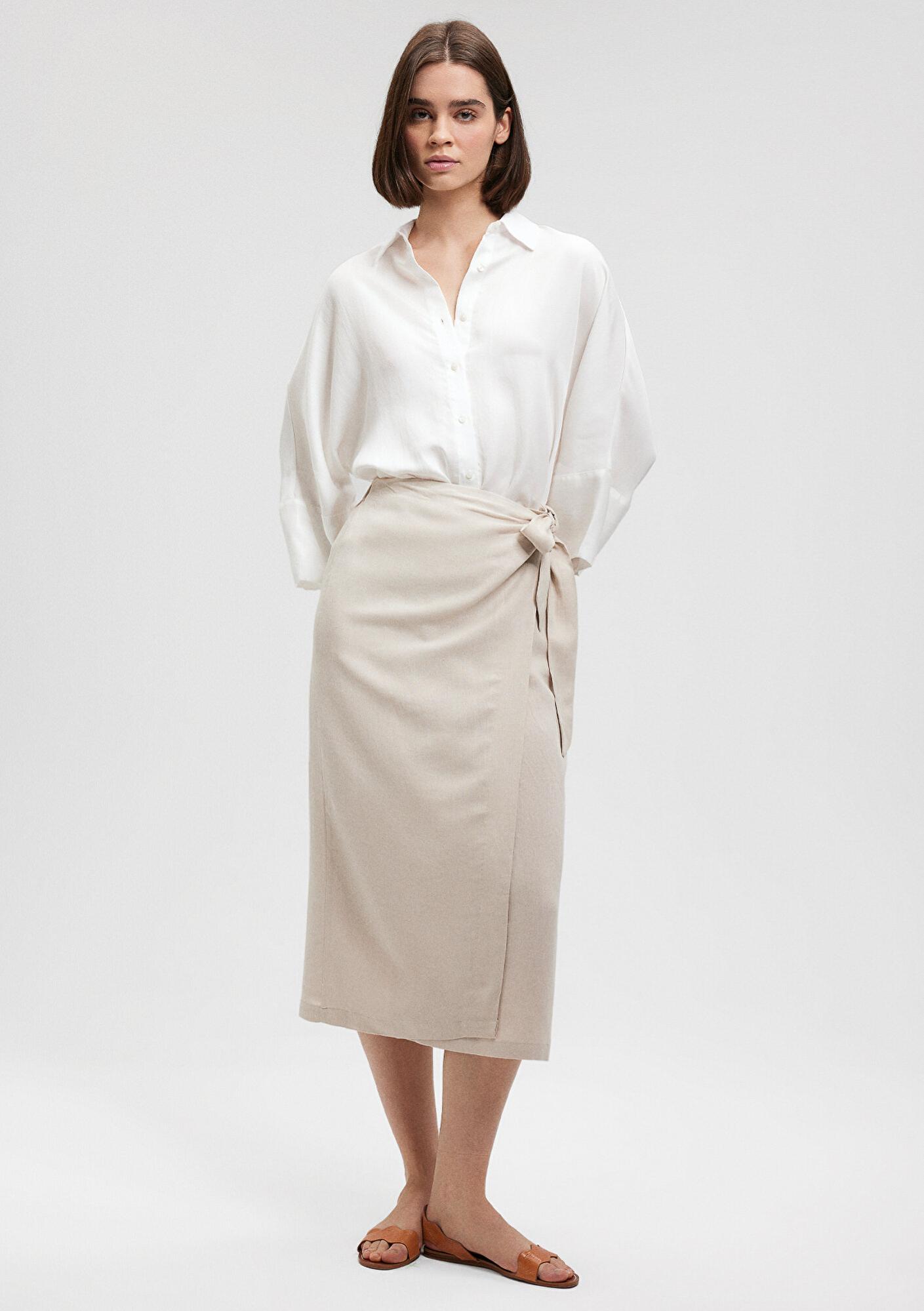 Mavi Keten Karışımlı Bej Viskoz Etek 1310521-70136