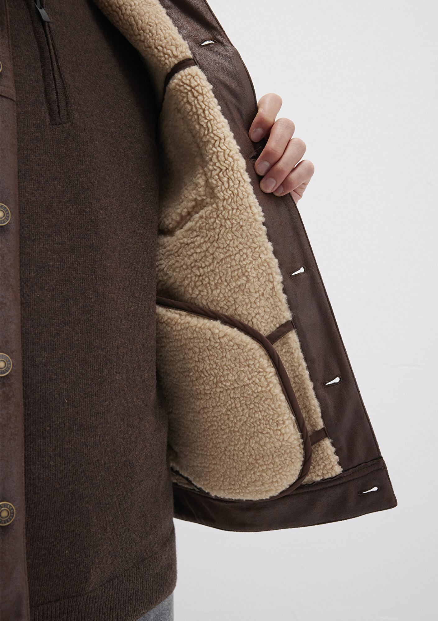 Mavi Suni Kürk Detaylı Kahverengi Suni Deri Ceket Regular Fit / Normal Kesim 0110460-71603