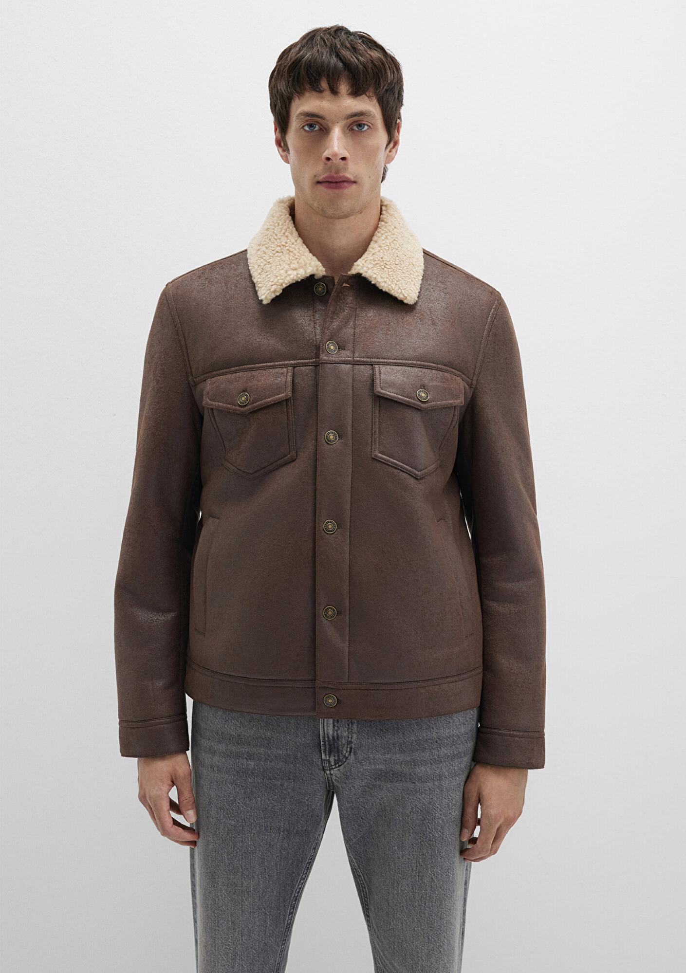 Mavi Suni Kürk Detaylı Kahverengi Suni Deri Ceket Regular Fit / Normal Kesim 0110460-71603