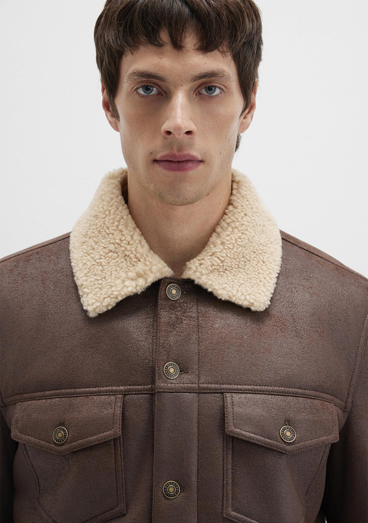 Mavi Suni Kürk Detaylı Kahverengi Suni Deri Ceket Regular Fit / Normal Kesim 0110460-71603