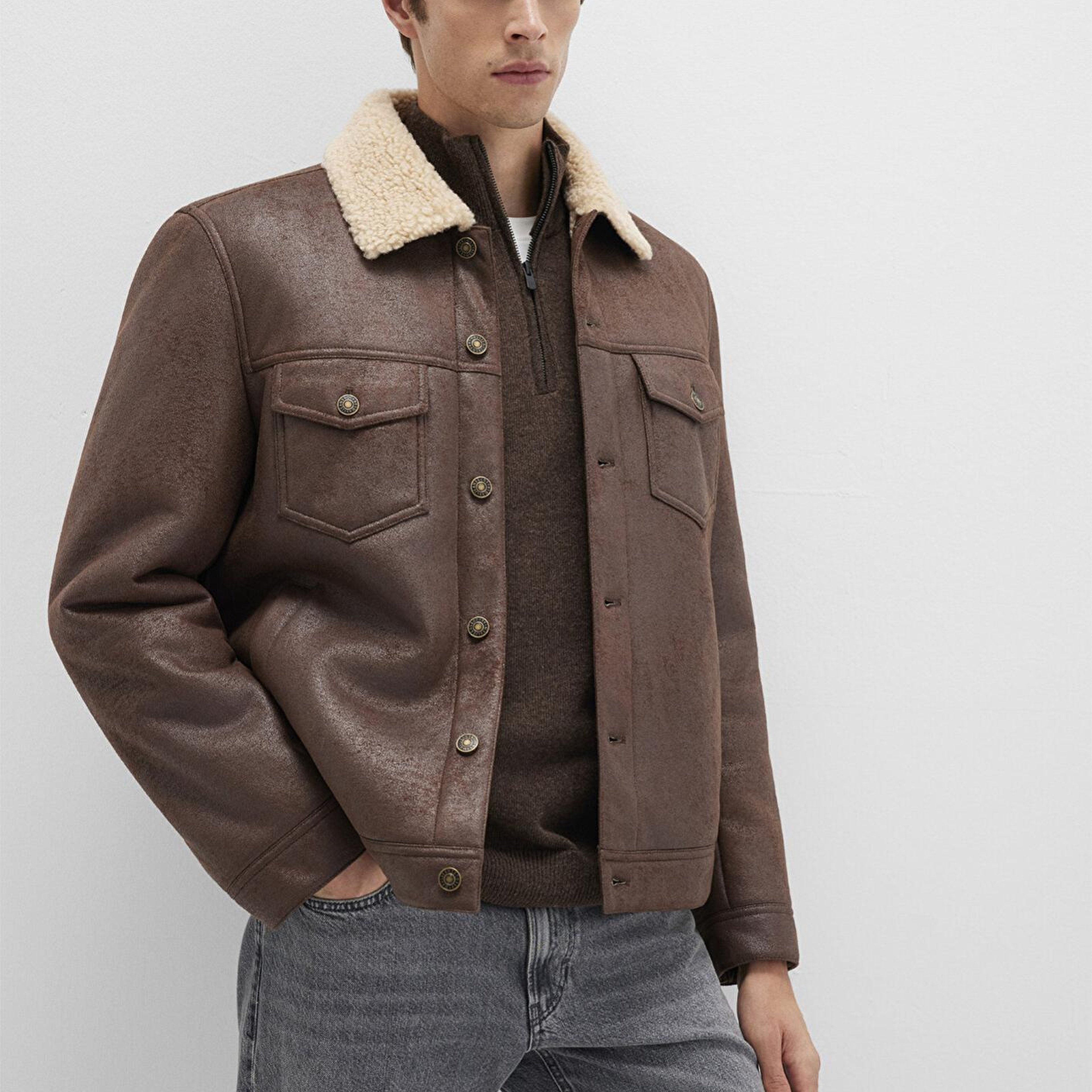 Mavi Suni Kürk Detaylı Kahverengi Suni Deri Ceket Regular Fit / Normal Kesim 0110460-71603