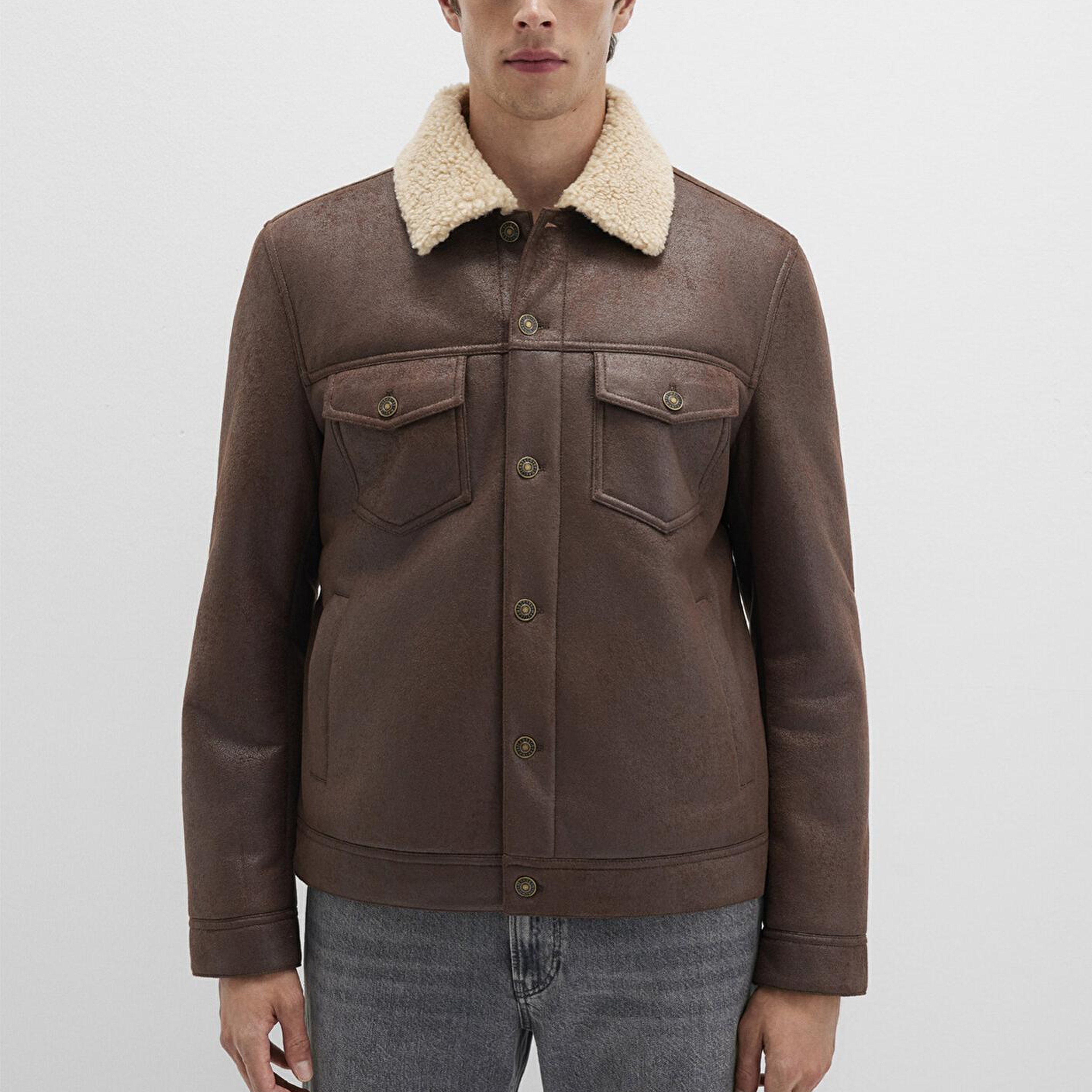 Mavi Suni Kürk Detaylı Kahverengi Suni Deri Ceket Regular Fit / Normal Kesim 0110460-71603