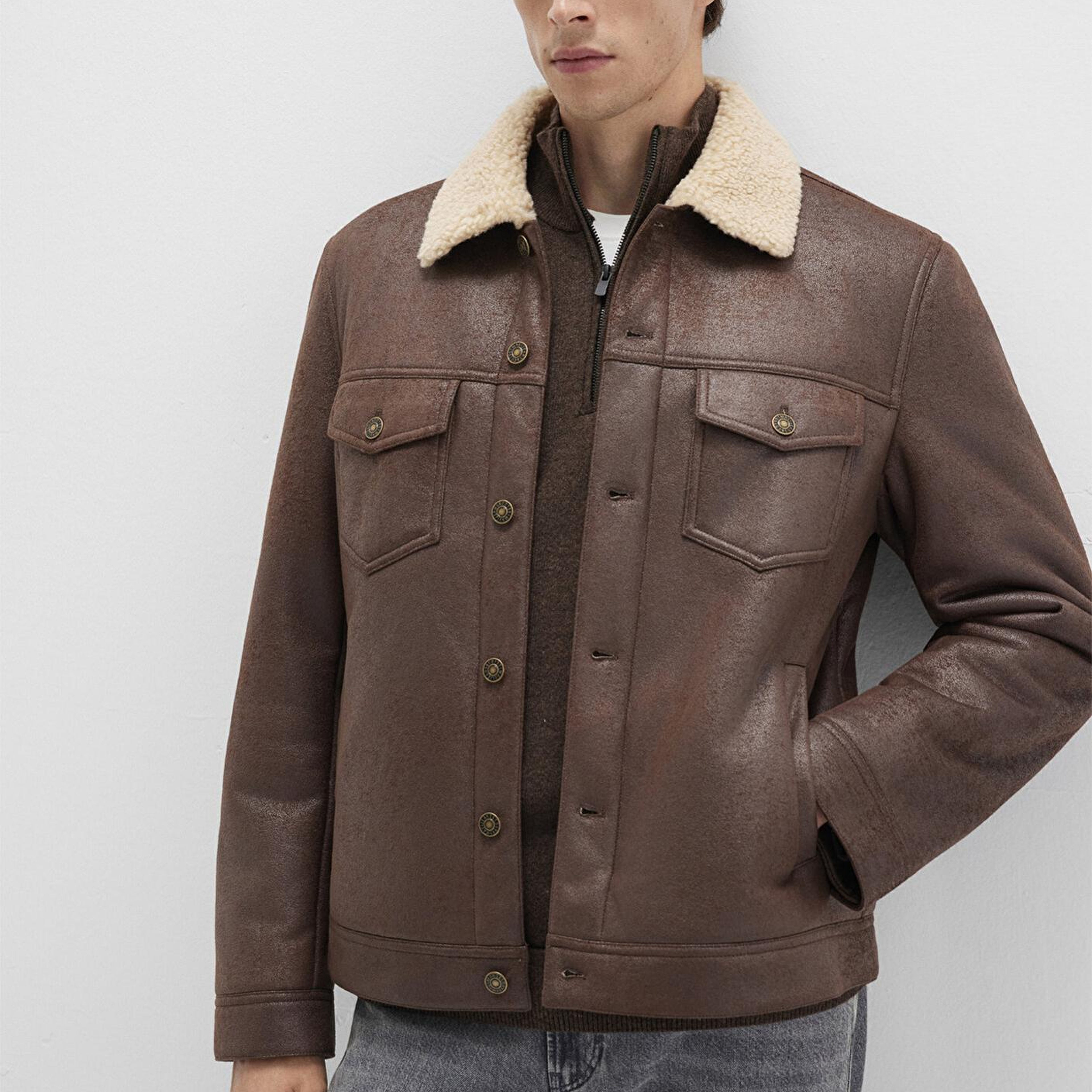 Mavi Suni Kürk Detaylı Kahverengi Suni Deri Ceket Regular Fit / Normal Kesim 0110460-71603