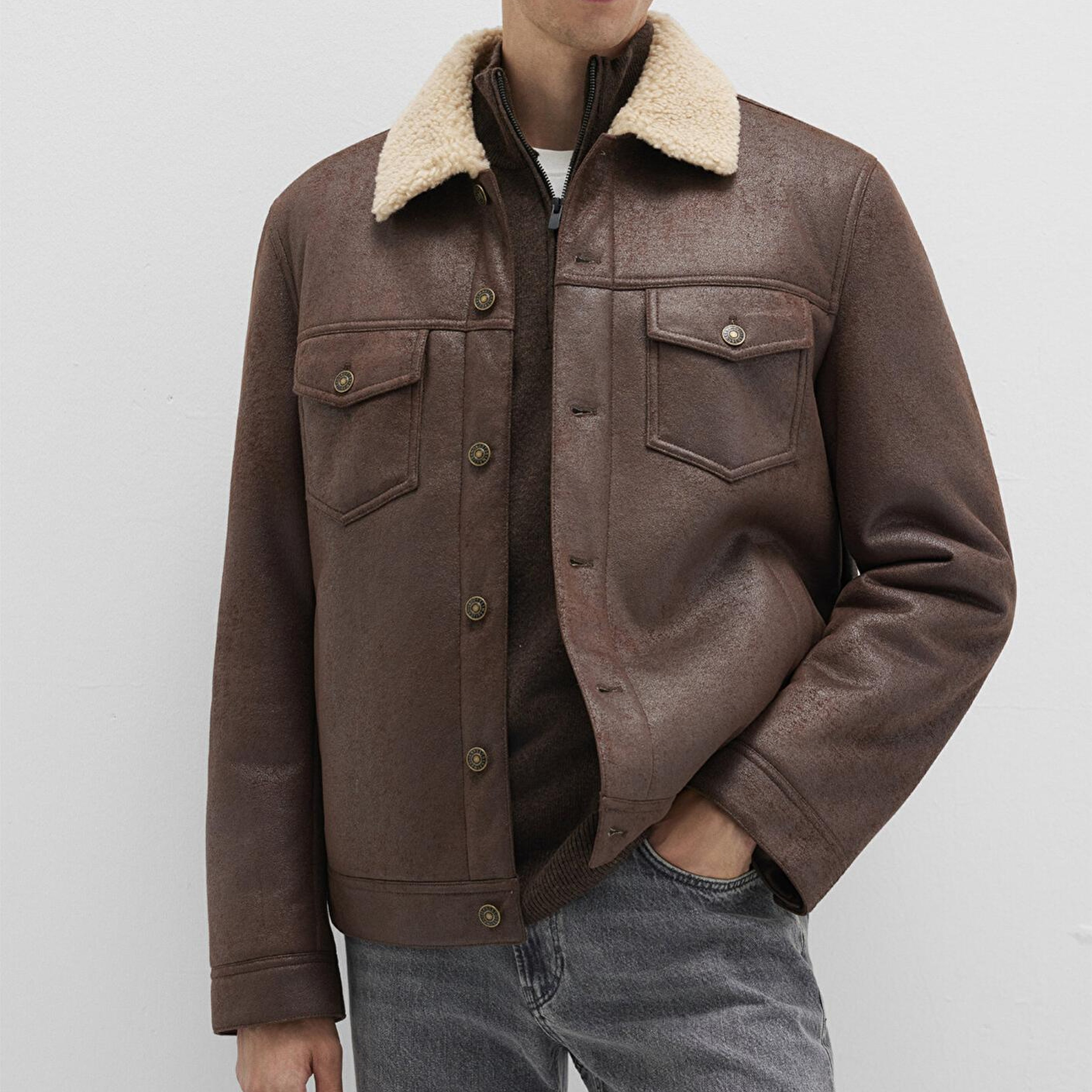 Mavi Suni Kürk Detaylı Kahverengi Suni Deri Ceket Regular Fit / Normal Kesim 0110460-71603