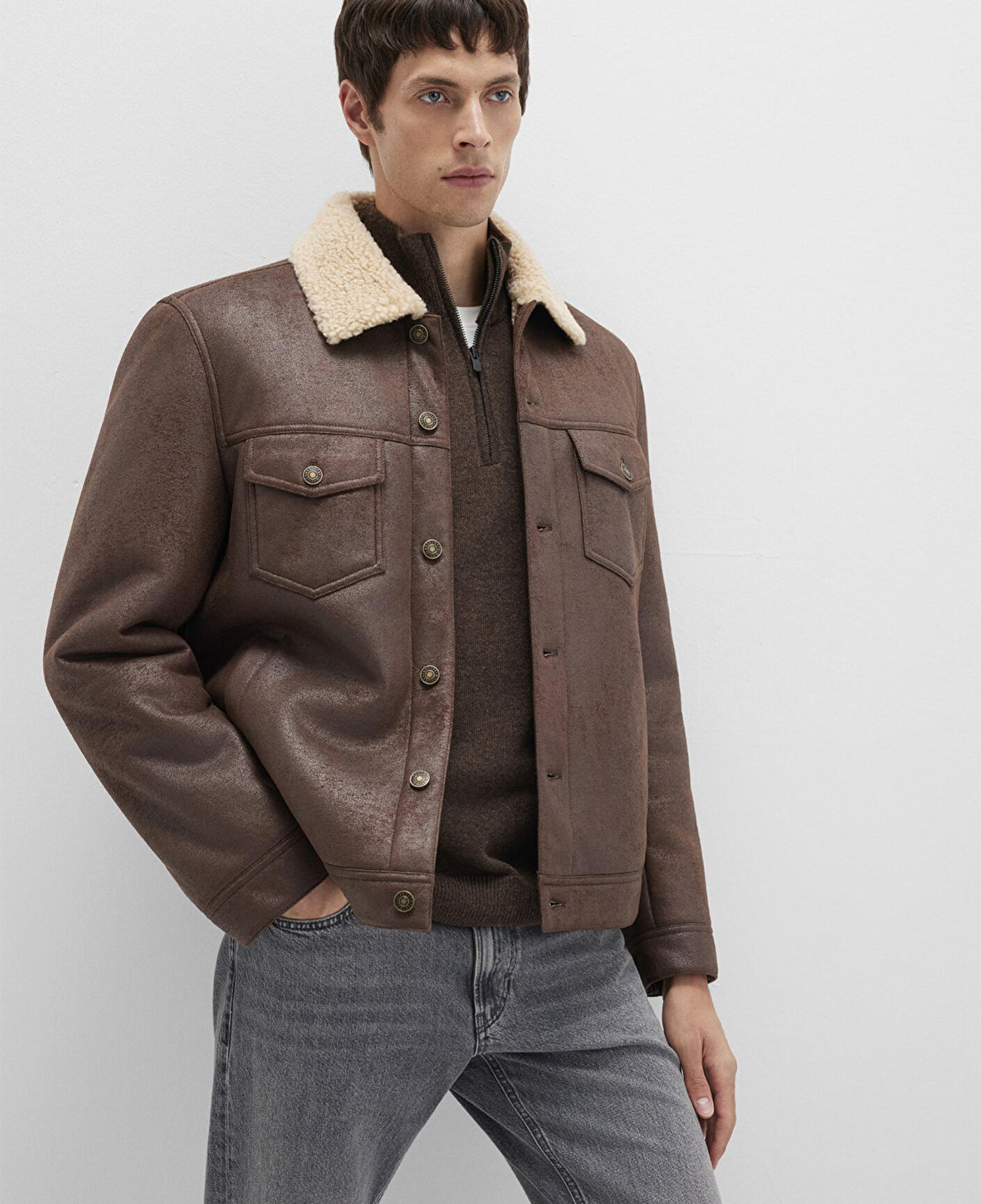 Mavi Suni Kürk Detaylı Kahverengi Suni Deri Ceket Regular Fit / Normal Kesim 0110460-71603